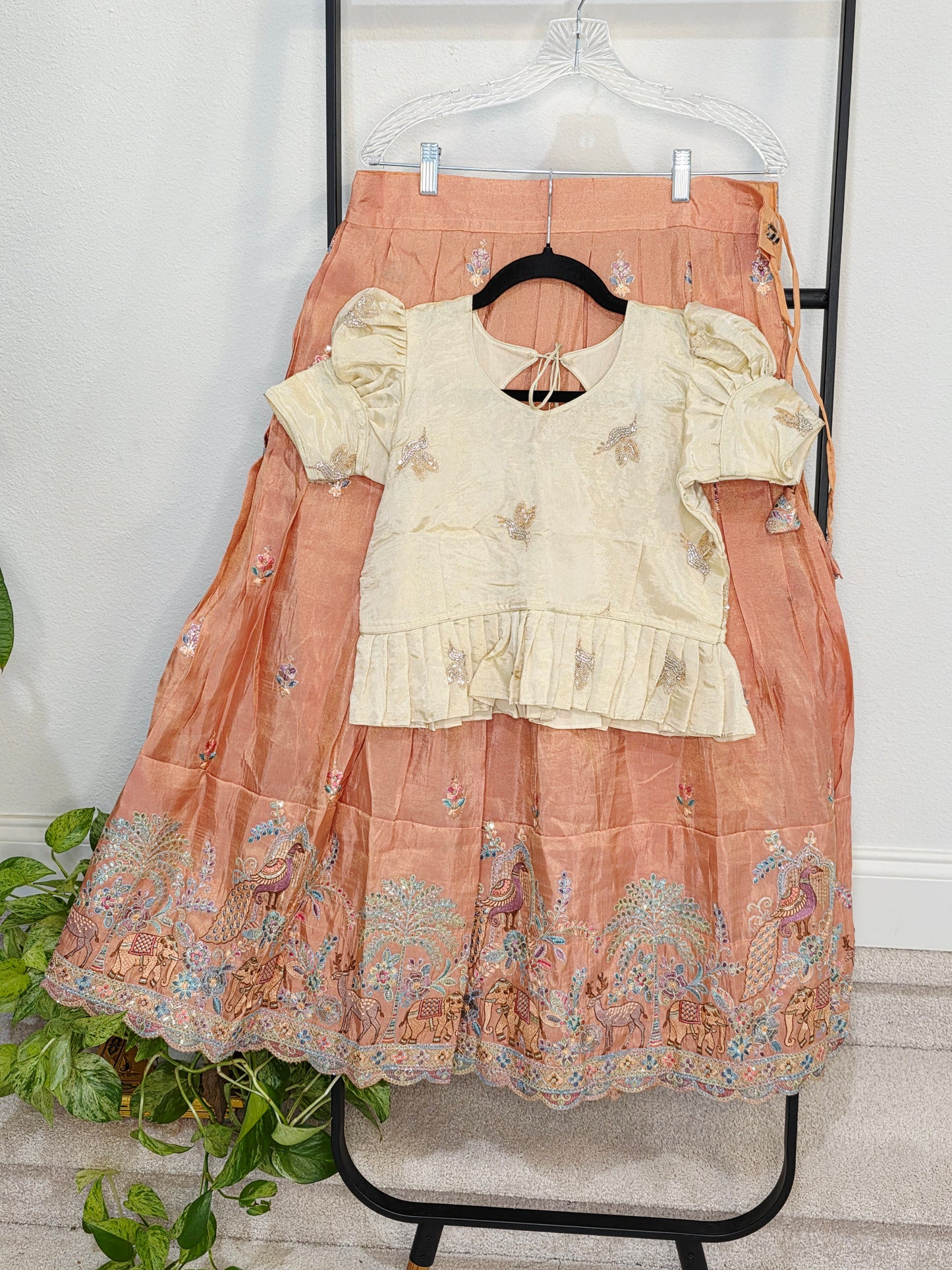 Champagne Gold & Peach Blossom Designer Munga Crepe Silk Tissue Kids Lehenga Set with Embroidered Animal Border
