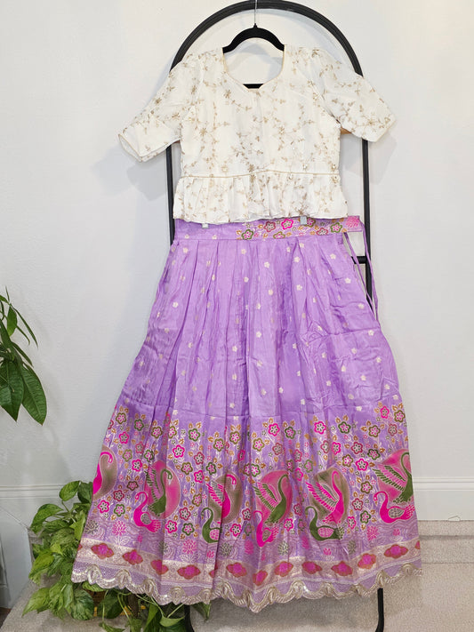 Ivory Gold & Lavender Orchid Designer Munga Crepe Silk Tissue Lehenga Set with Swan Motif Border