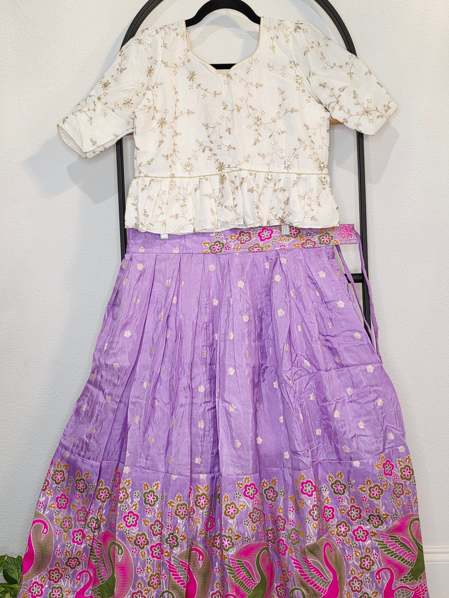 Ivory Gold & Lavender Orchid Designer Munga Crepe Silk Tissue Lehenga Set with Swan Motif Border