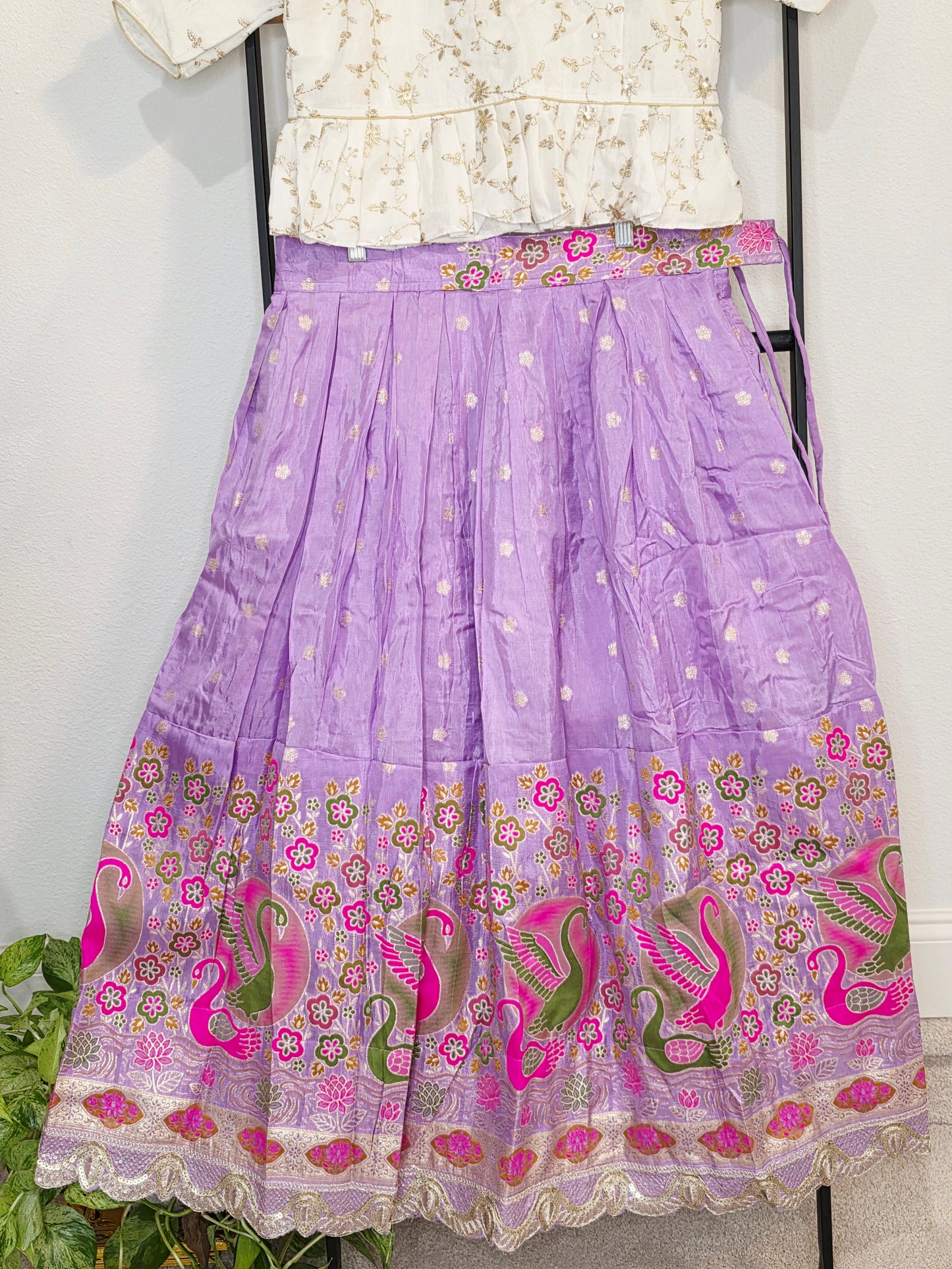Ivory Gold & Lavender Orchid Designer Munga Crepe Silk Tissue Lehenga Set with Swan Motif Border