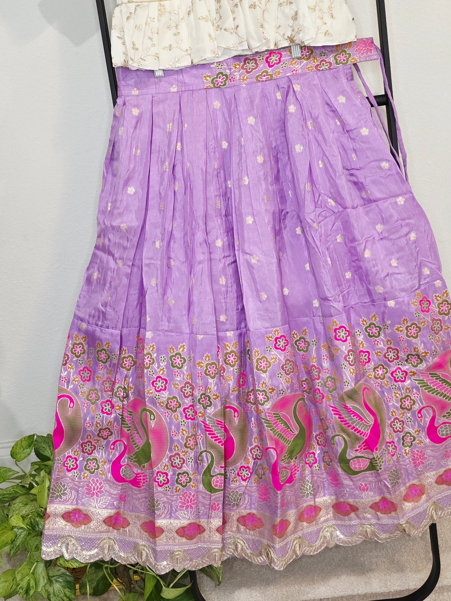 Ivory Gold & Lavender Orchid Designer Munga Crepe Silk Tissue Lehenga Set with Swan Motif Border