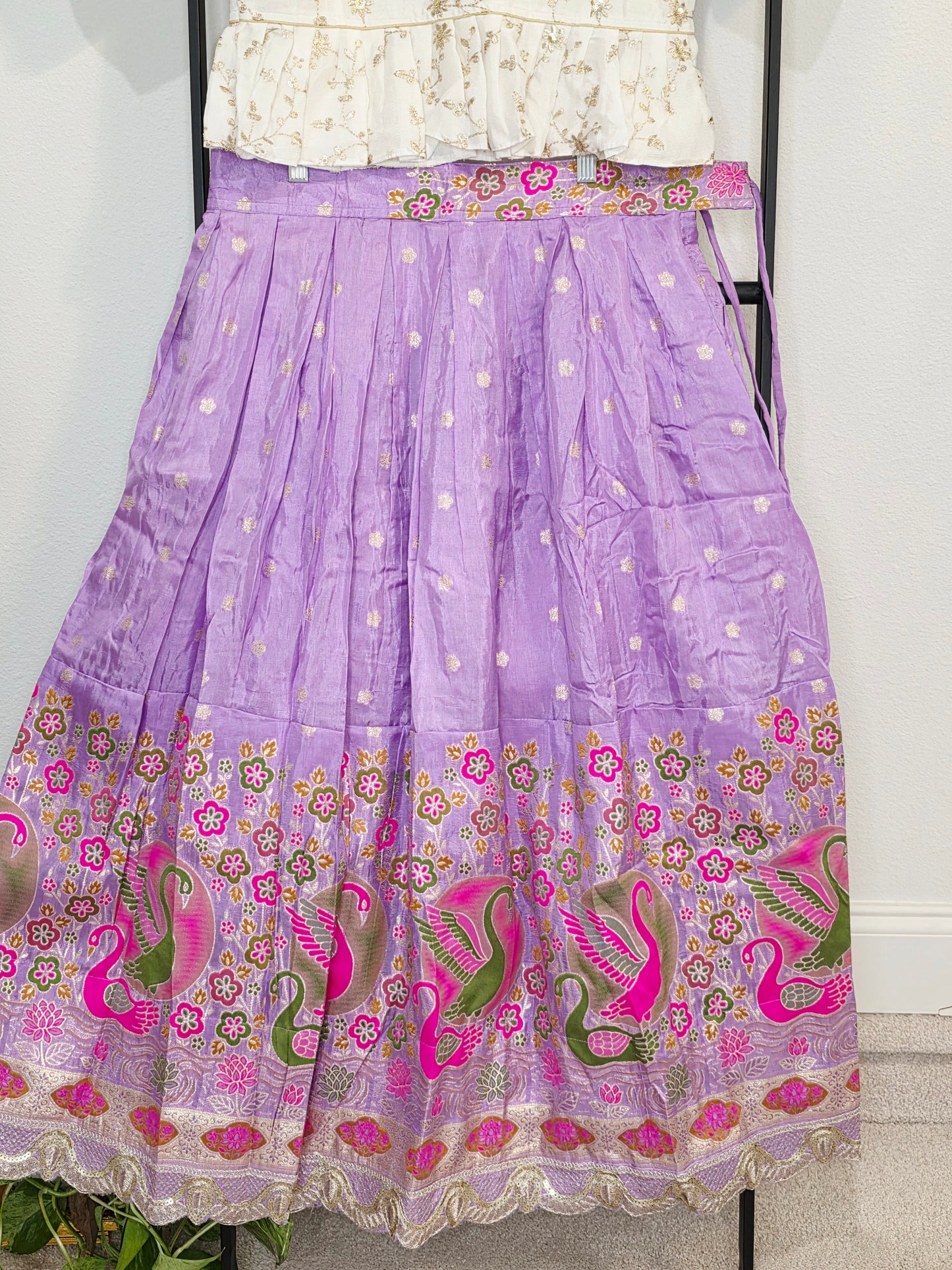 Ivory Gold & Lavender Orchid Designer Munga Crepe Silk Tissue Lehenga Set with Swan Motif Border