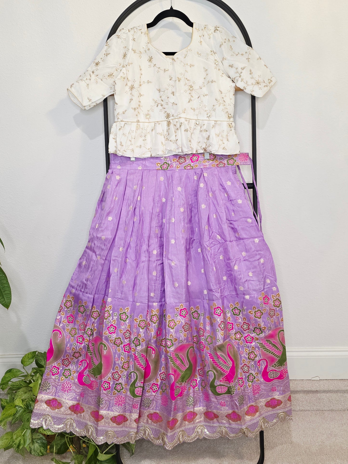 Ivory Gold & Lavender Orchid Designer Munga Crepe Silk Tissue Lehenga Set with Swan Motif Border