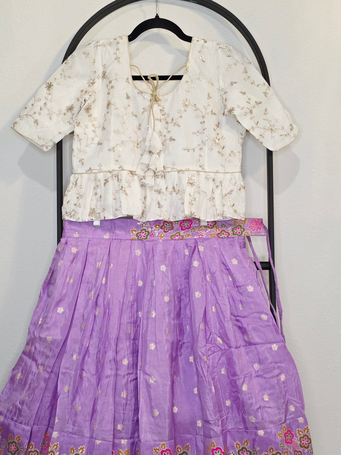 Ivory Gold & Lavender Orchid Designer Munga Crepe Silk Tissue Lehenga Set with Swan Motif Border