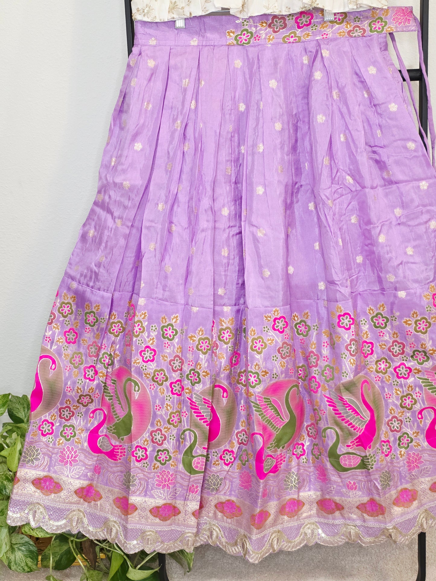 Ivory Gold & Lavender Orchid Designer Munga Crepe Silk Tissue Lehenga Set with Swan Motif Border