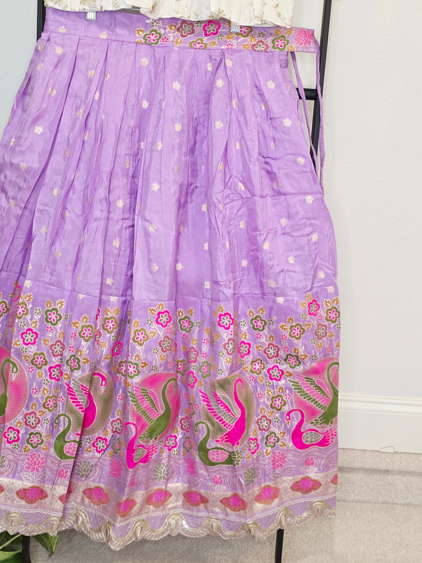 Ivory Gold & Lavender Orchid Designer Munga Crepe Silk Tissue Lehenga Set with Swan Motif Border