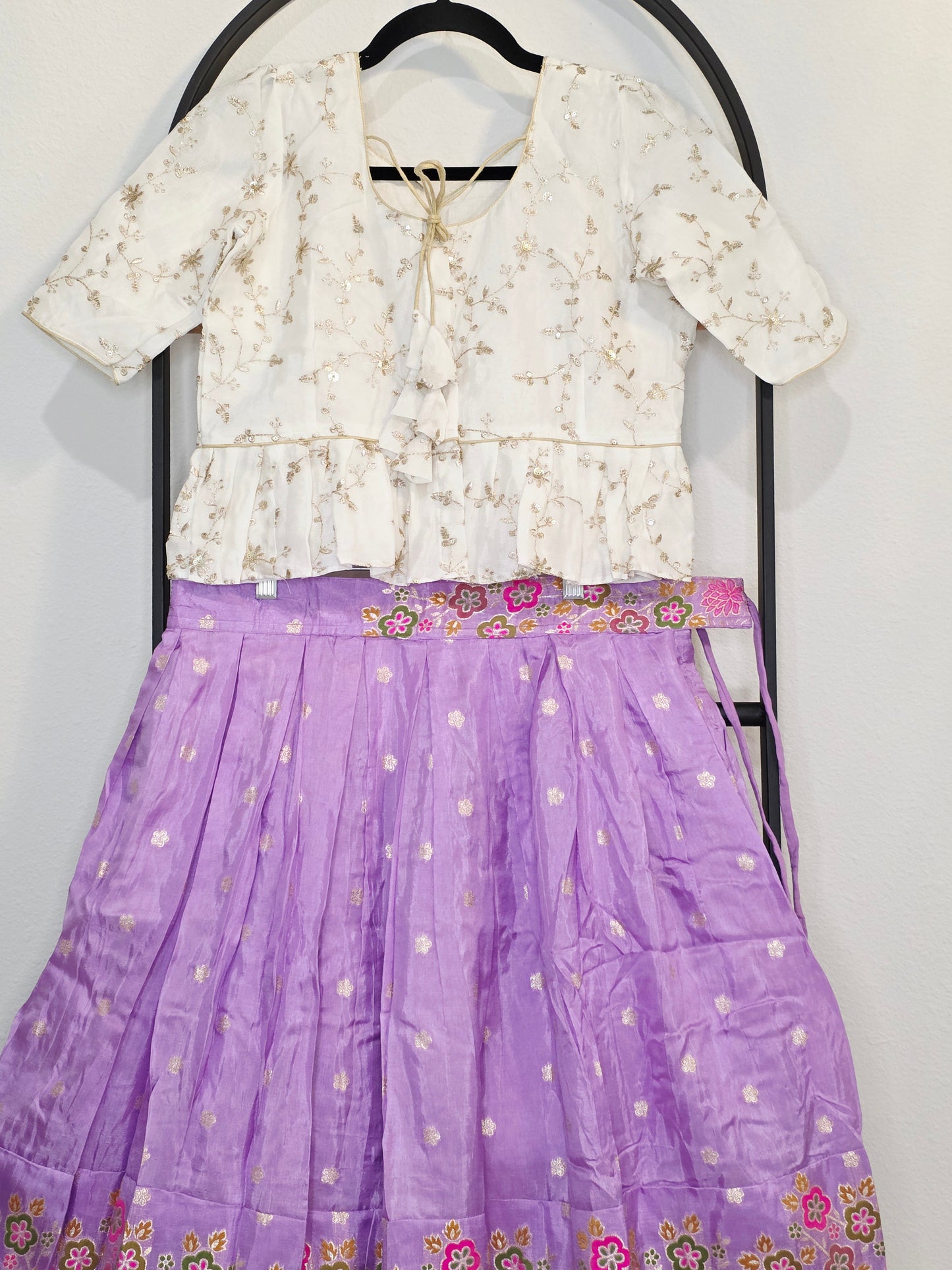 Ivory Gold & Lavender Orchid Designer Munga Crepe Silk Tissue Lehenga Set with Swan Motif Border