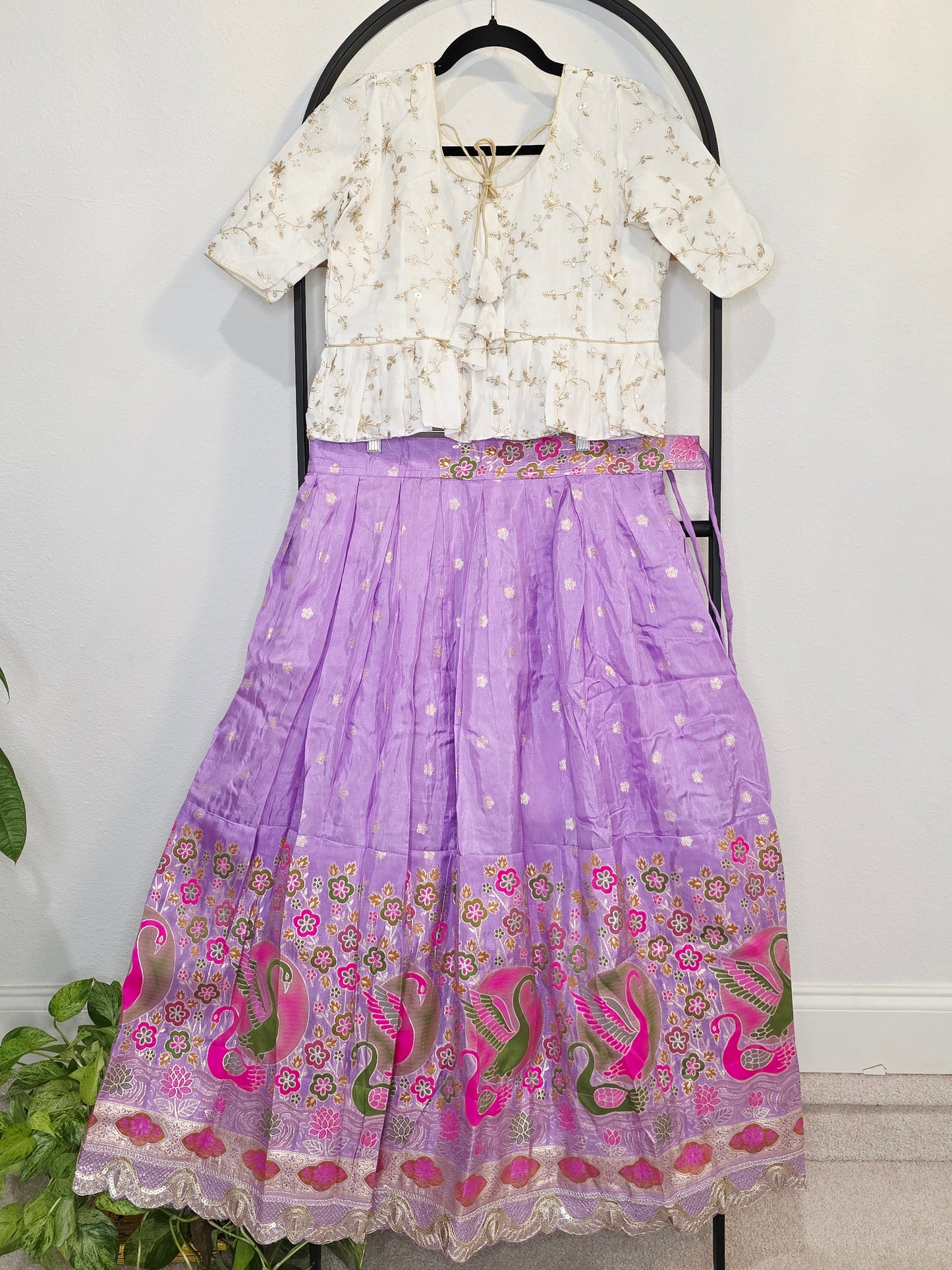 Ivory Gold & Lavender Orchid Designer Munga Crepe Silk Tissue Lehenga Set with Swan Motif Border
