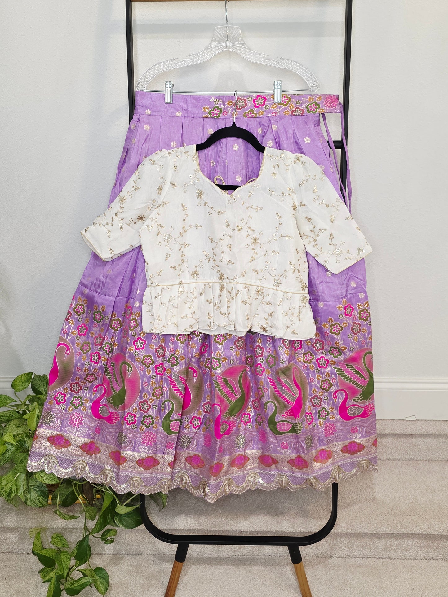 Ivory Gold & Lavender Orchid Designer Munga Crepe Silk Tissue Lehenga Set with Swan Motif Border