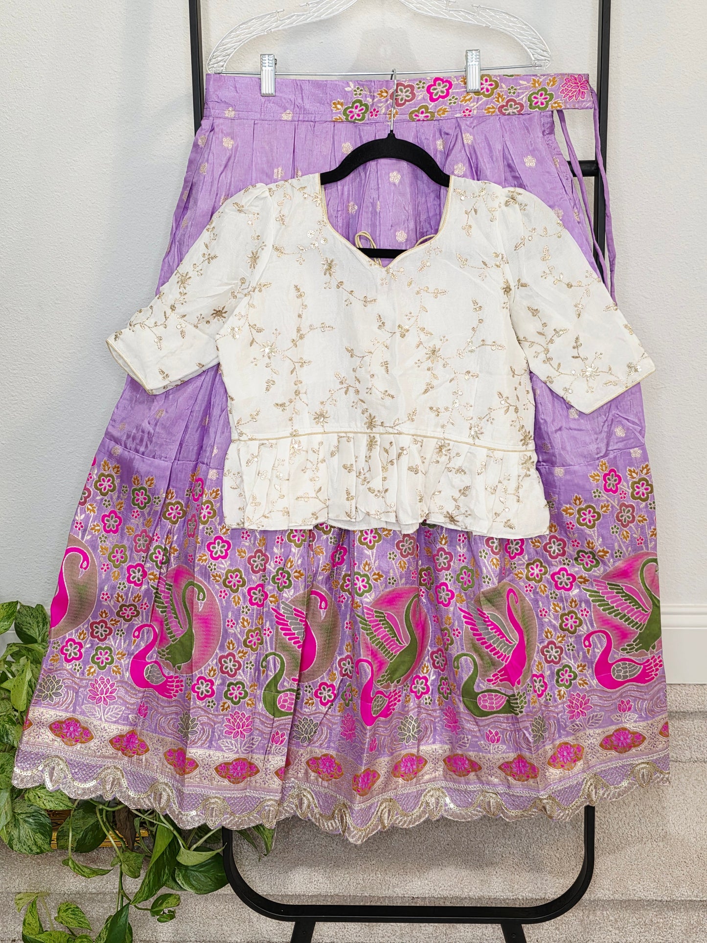 Ivory Gold & Lavender Orchid Designer Munga Crepe Silk Tissue Lehenga Set with Swan Motif Border