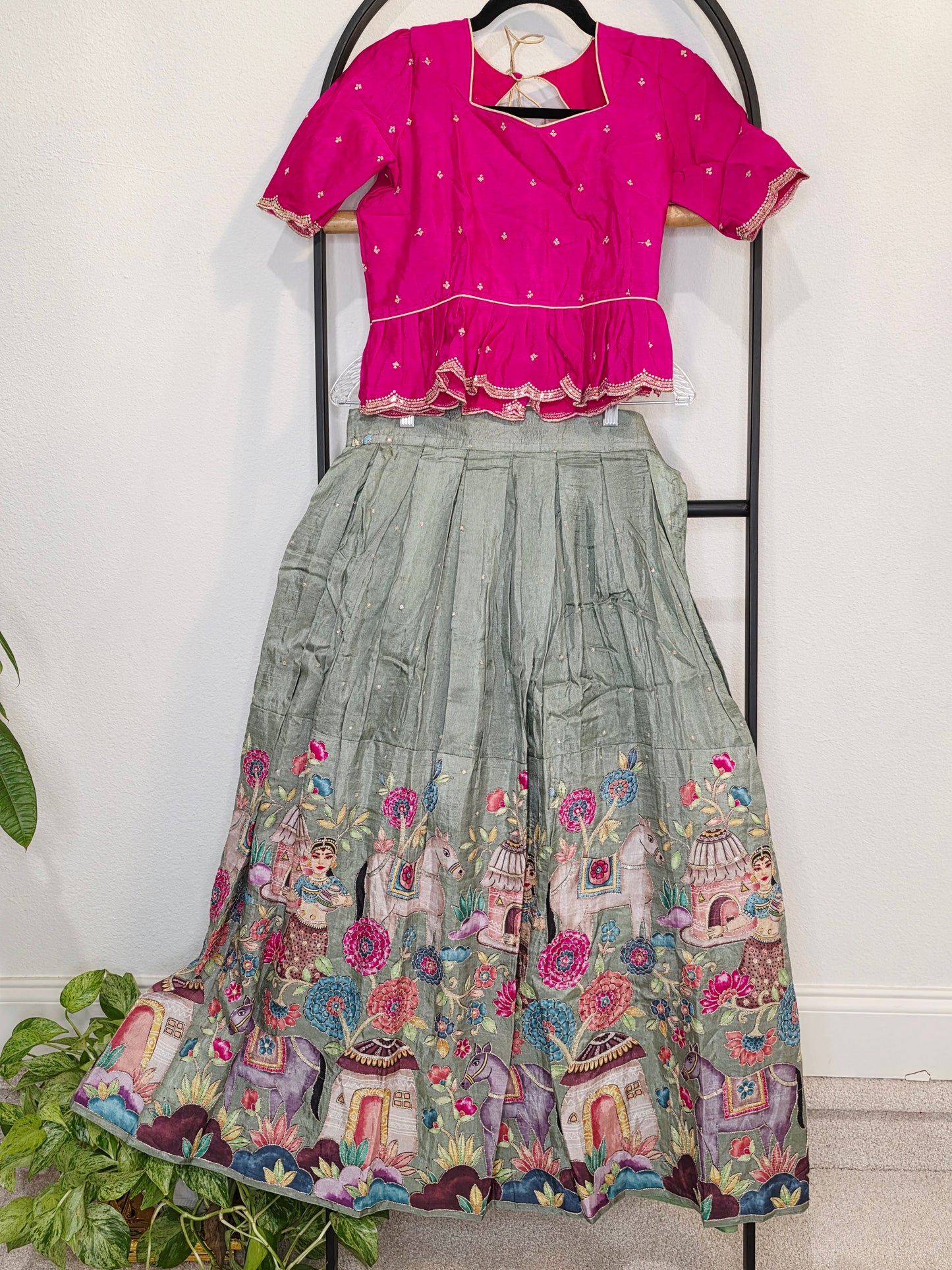 Rani Pink & Sage Green Munga Crepe Silk Designer Tissue Lehenga Set for Girls 11–12 Years