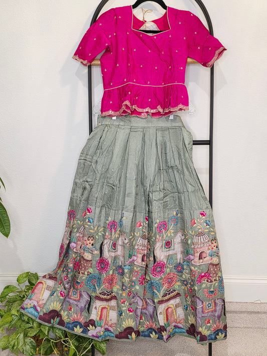 Rani Pink & Sage Green Munga Crepe Silk Designer Tissue Lehenga Set for Girls 11–12 Years