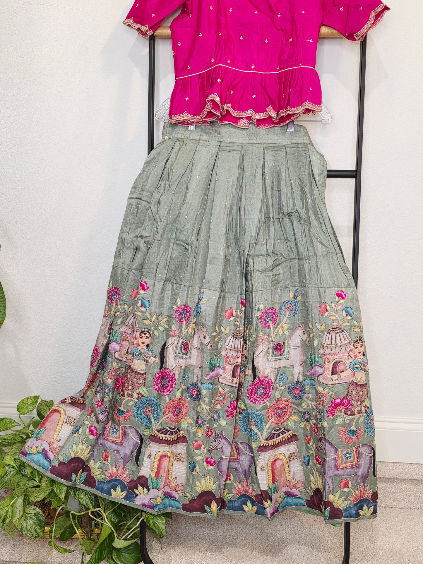 Rani Pink & Sage Green Munga Crepe Silk Designer Tissue Lehenga Set for Girls 11–12 Years