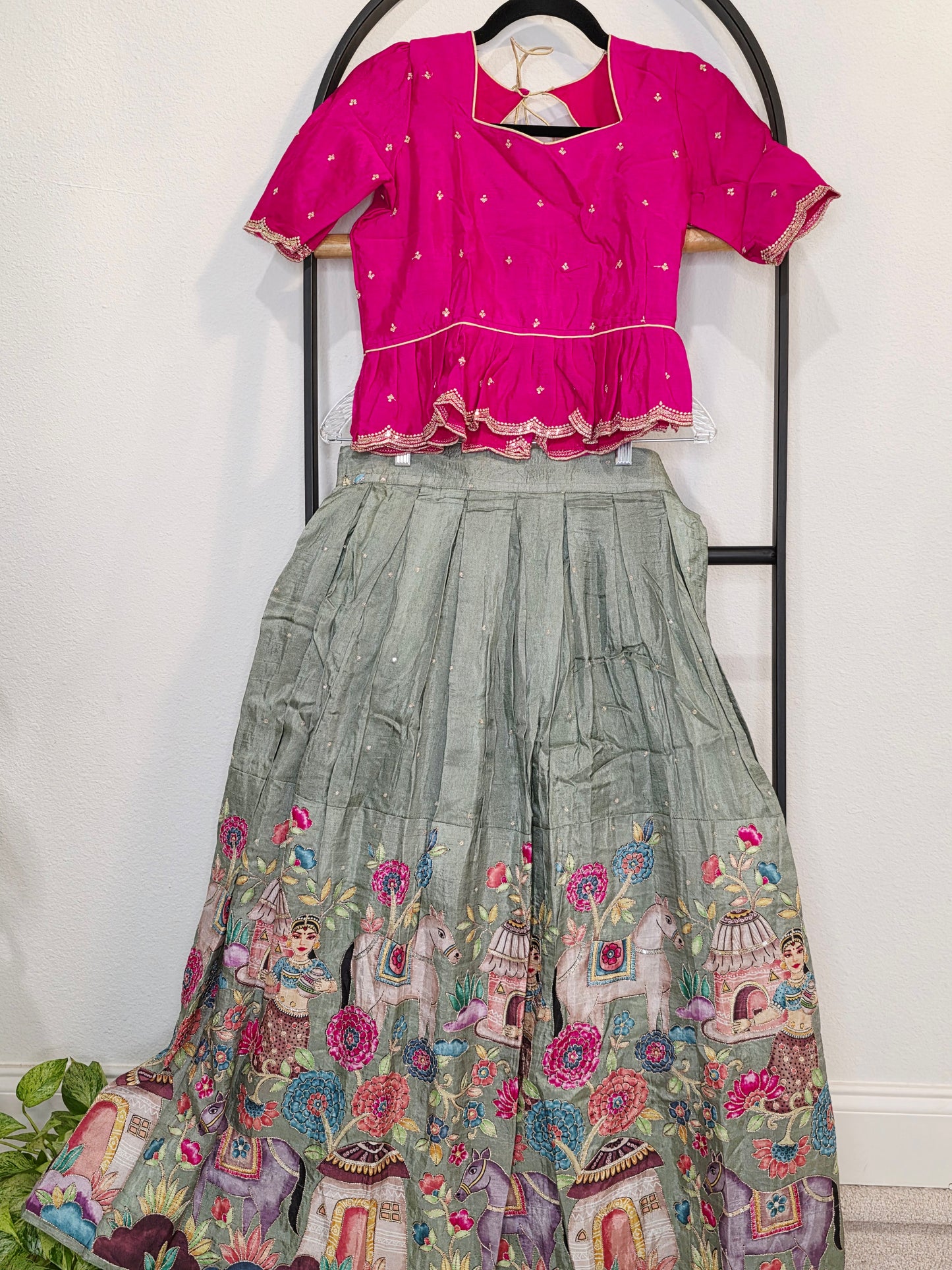 Rani Pink & Sage Green Munga Crepe Silk Designer Tissue Lehenga Set for Girls 11–12 Years