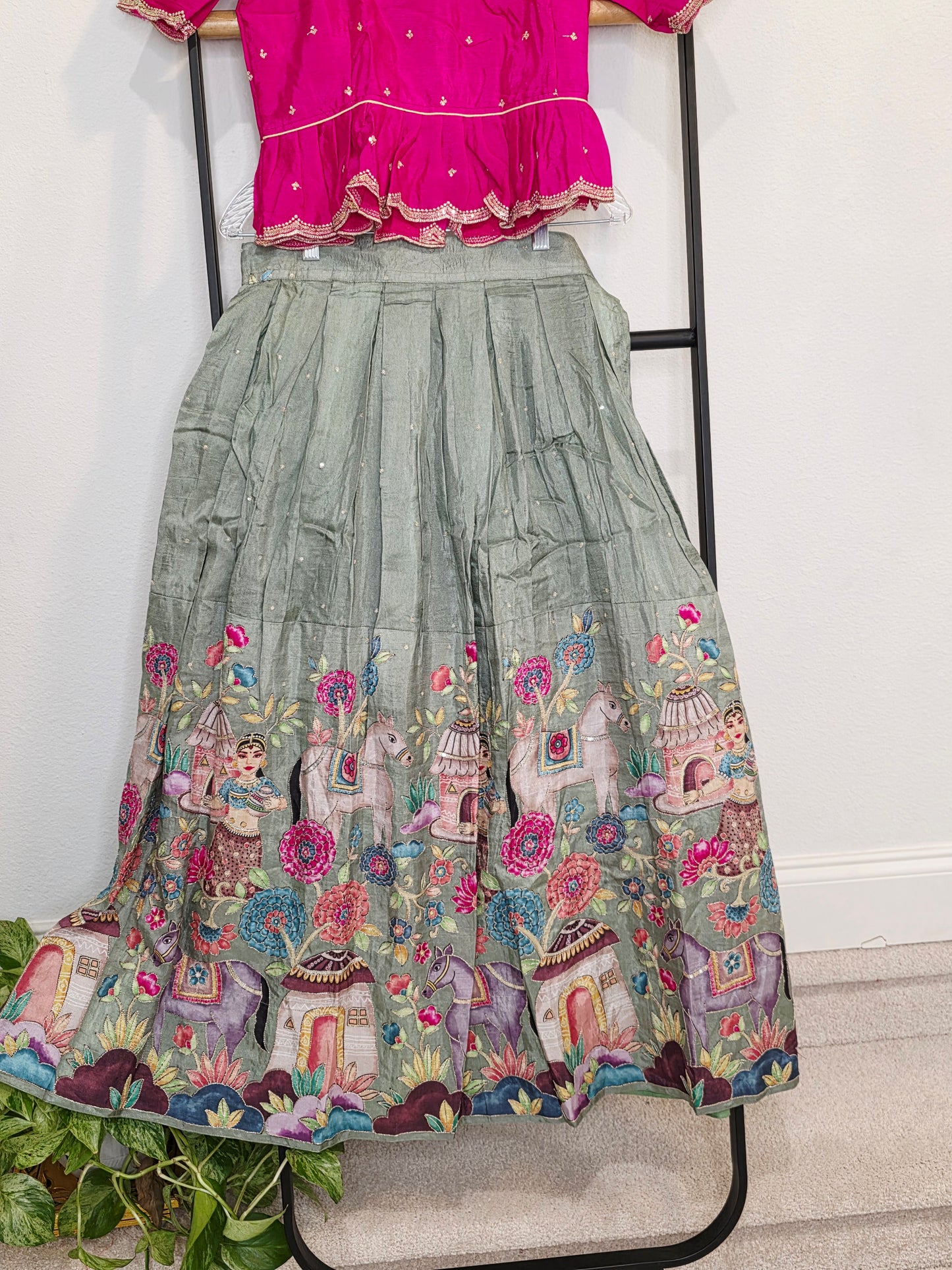 Rani Pink & Sage Green Munga Crepe Silk Designer Tissue Lehenga Set for Girls 11–12 Years