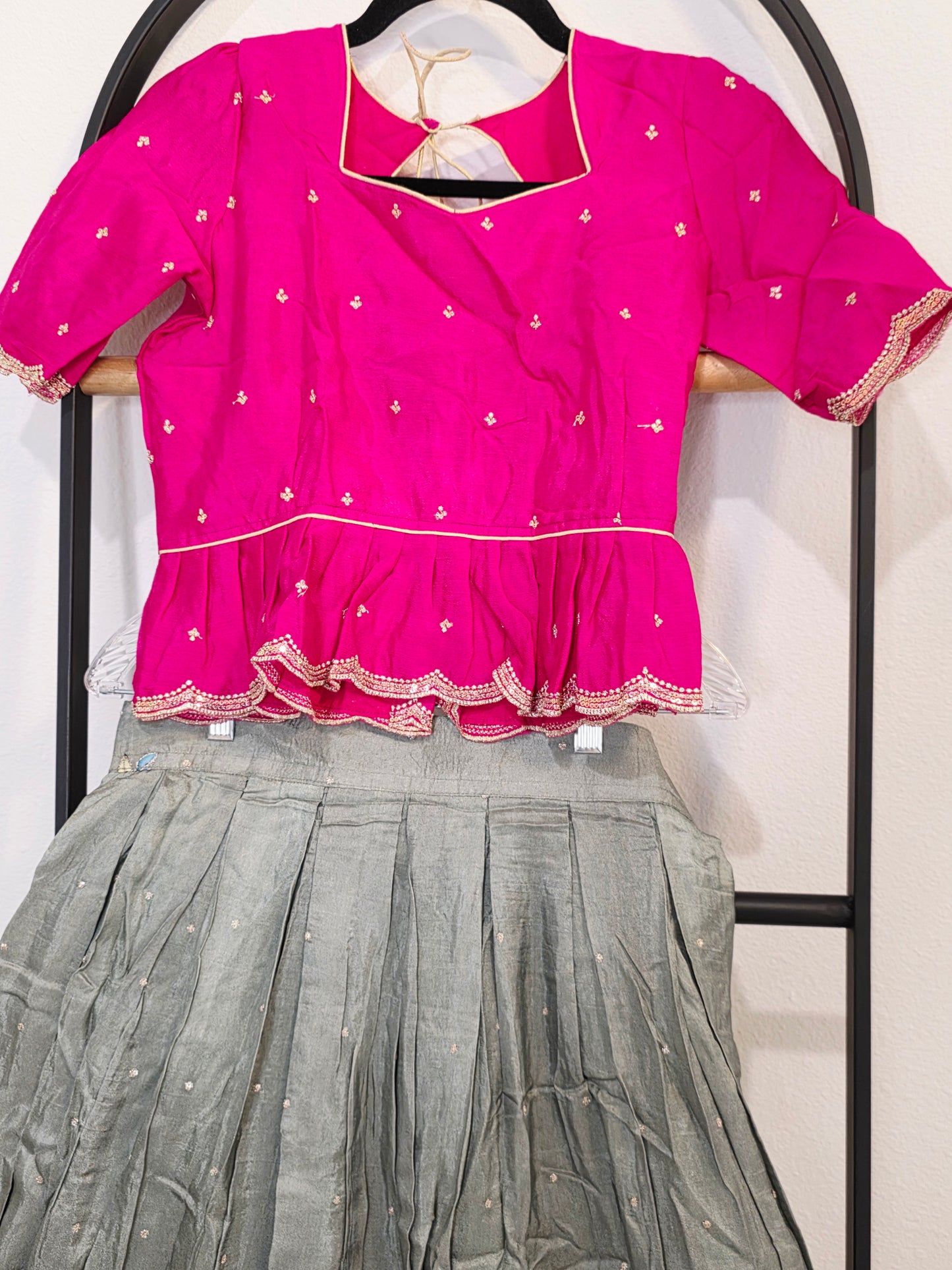 Rani Pink & Sage Green Munga Crepe Silk Designer Tissue Lehenga Set for Girls 11–12 Years