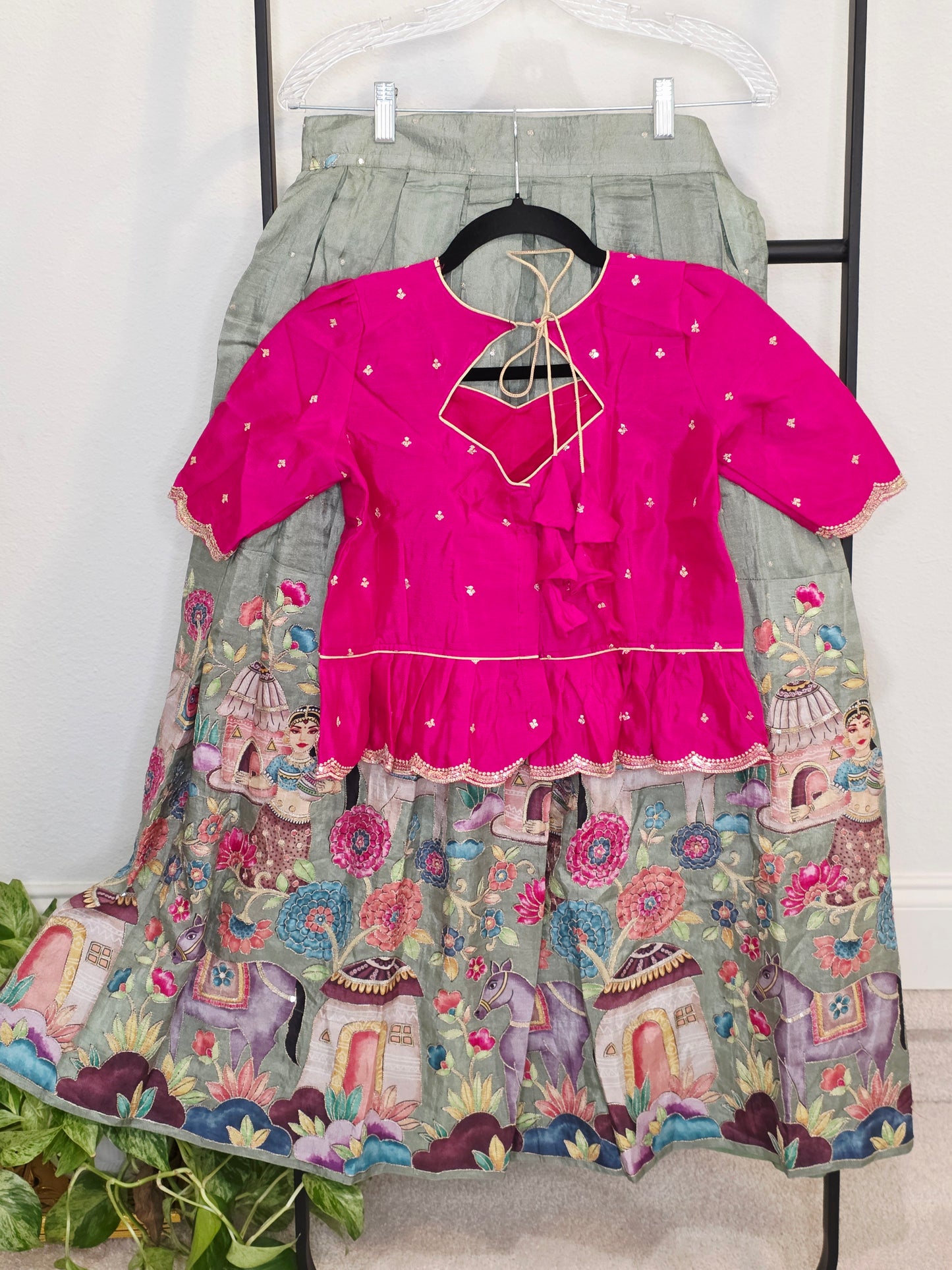 Rani Pink & Sage Green Munga Crepe Silk Designer Tissue Lehenga Set for Girls 11–12 Years