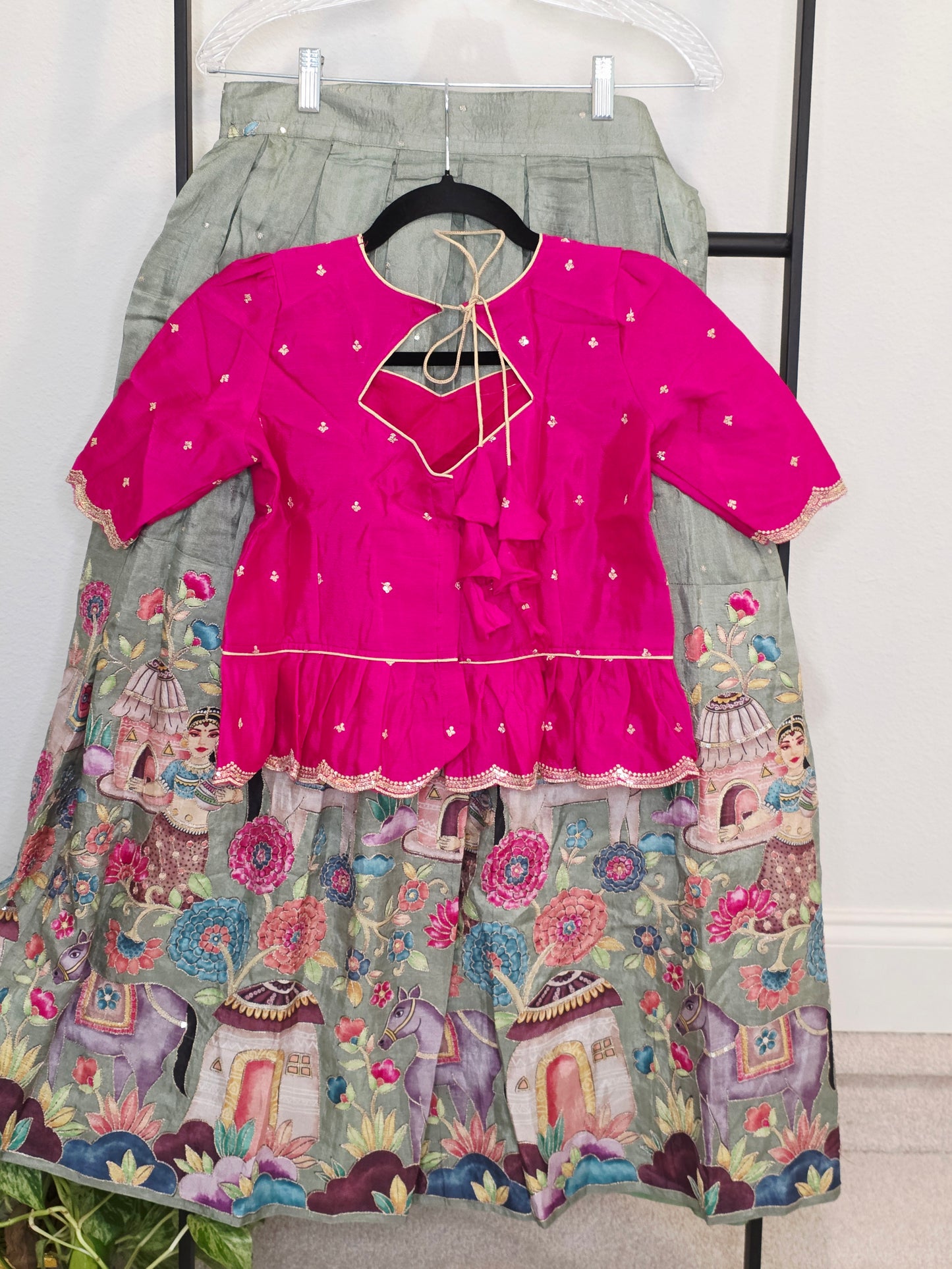 Rani Pink & Sage Green Munga Crepe Silk Designer Tissue Lehenga Set for Girls 11–12 Years