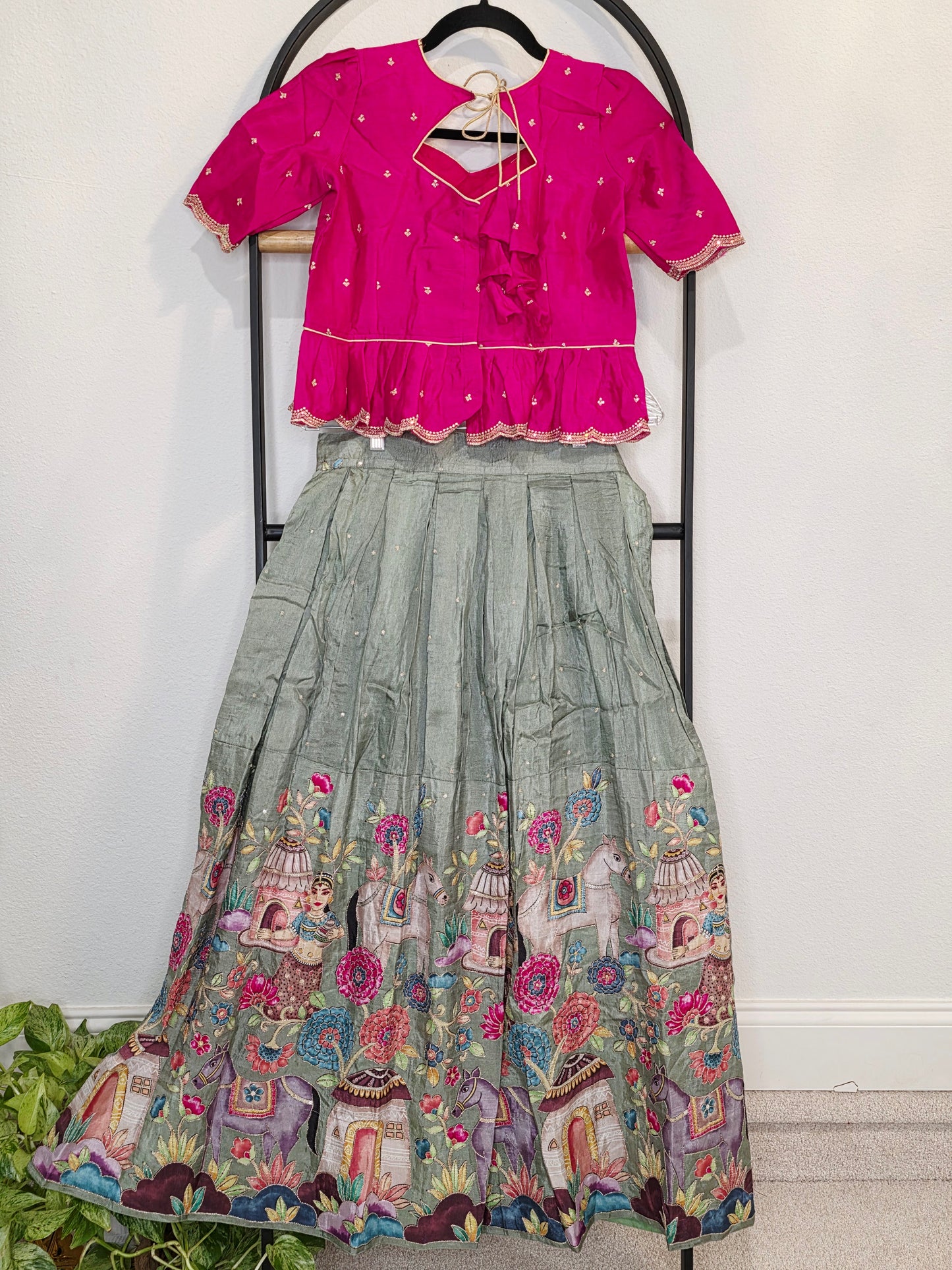 Rani Pink & Sage Green Munga Crepe Silk Designer Tissue Lehenga Set for Girls 11–12 Years