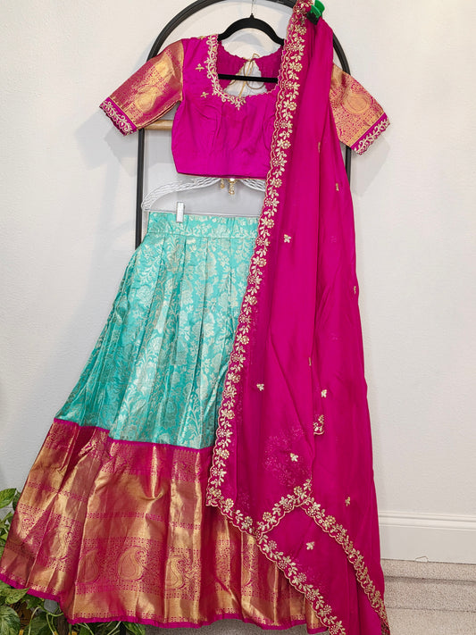 Rani Pink & Aqua Mint Pure Kanchi Silk Lehenga Set with Zari Border & Cutwork Dupatta
