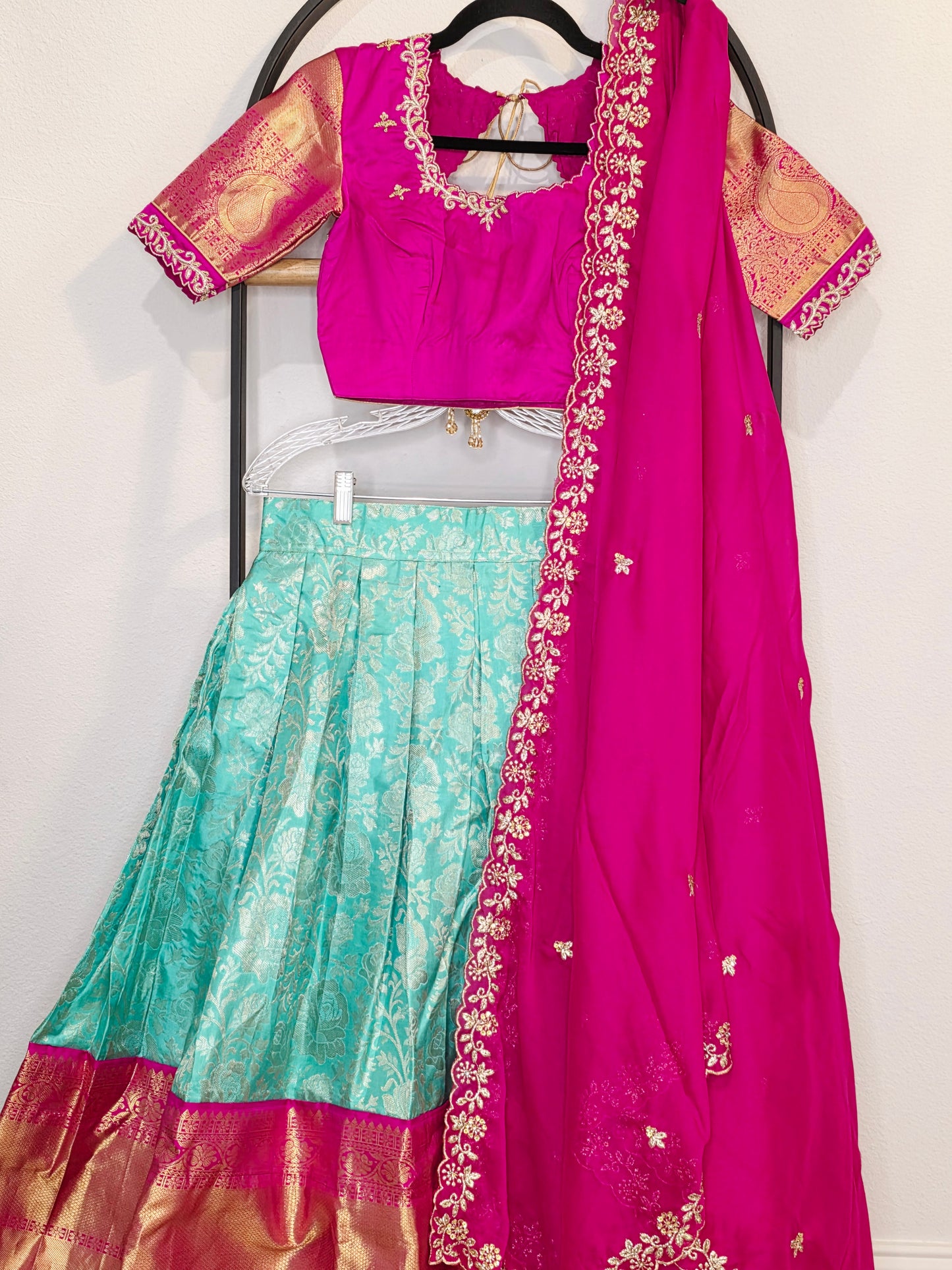 Rani Pink & Aqua Mint Pure Kanchi Silk Lehenga Set with Zari Border & Cutwork Dupatta