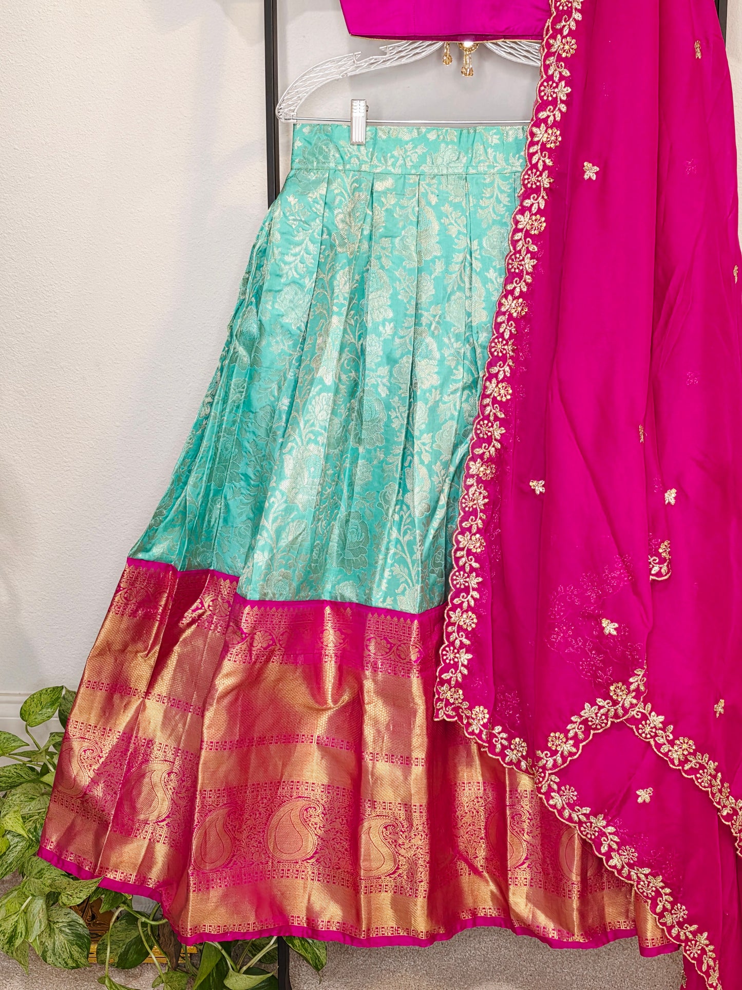 Rani Pink & Aqua Mint Pure Kanchi Silk Lehenga Set with Zari Border & Cutwork Dupatta