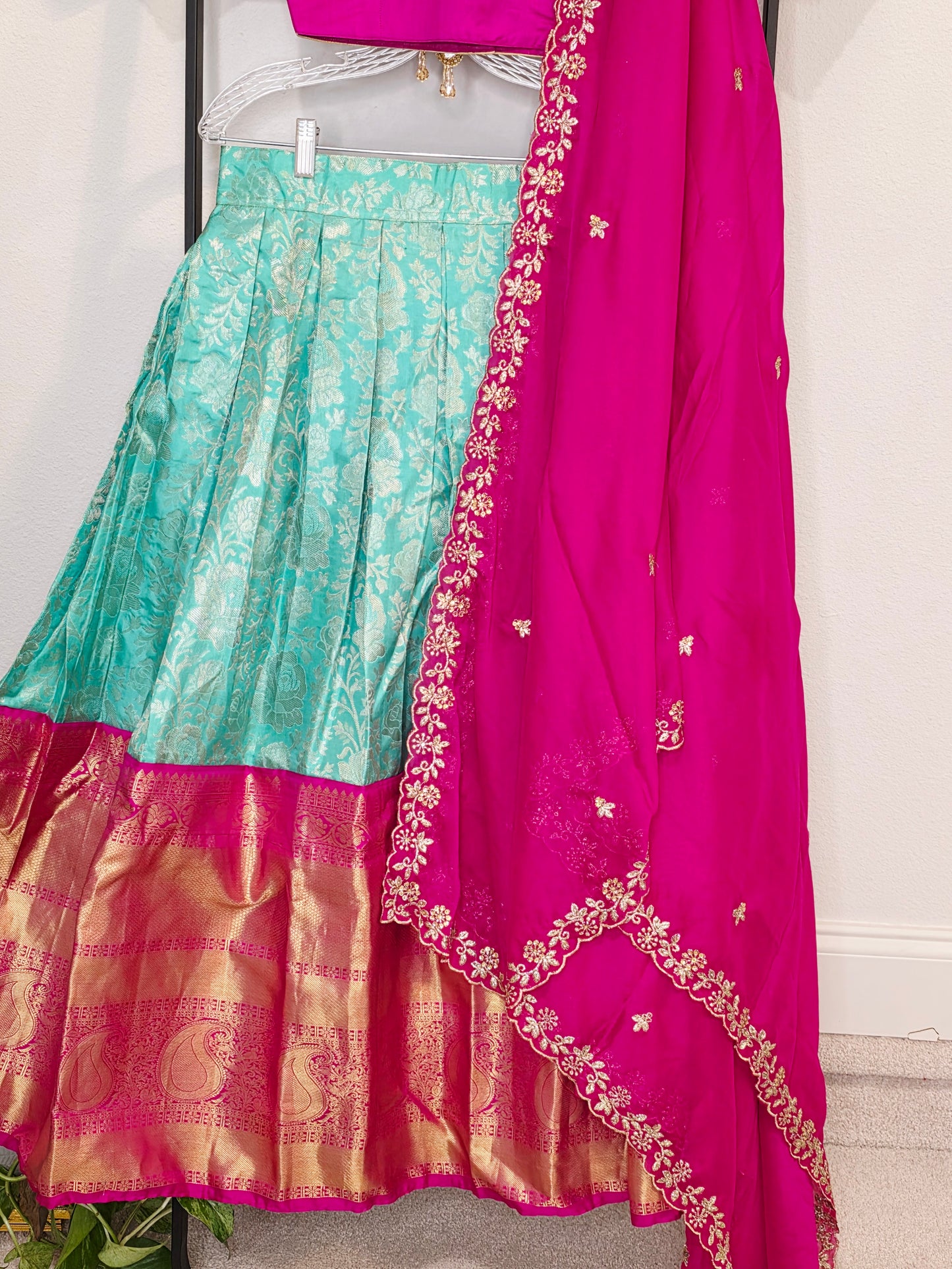 Rani Pink & Aqua Mint Pure Kanchi Silk Lehenga Set with Zari Border & Cutwork Dupatta