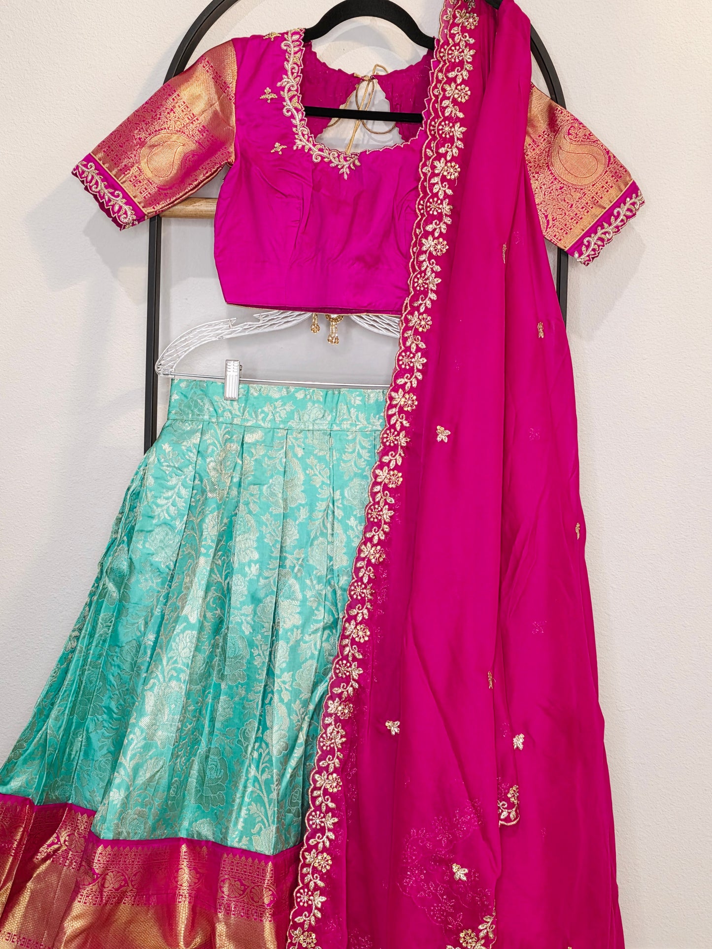 Rani Pink & Aqua Mint Pure Kanchi Silk Lehenga Set with Zari Border & Cutwork Dupatta