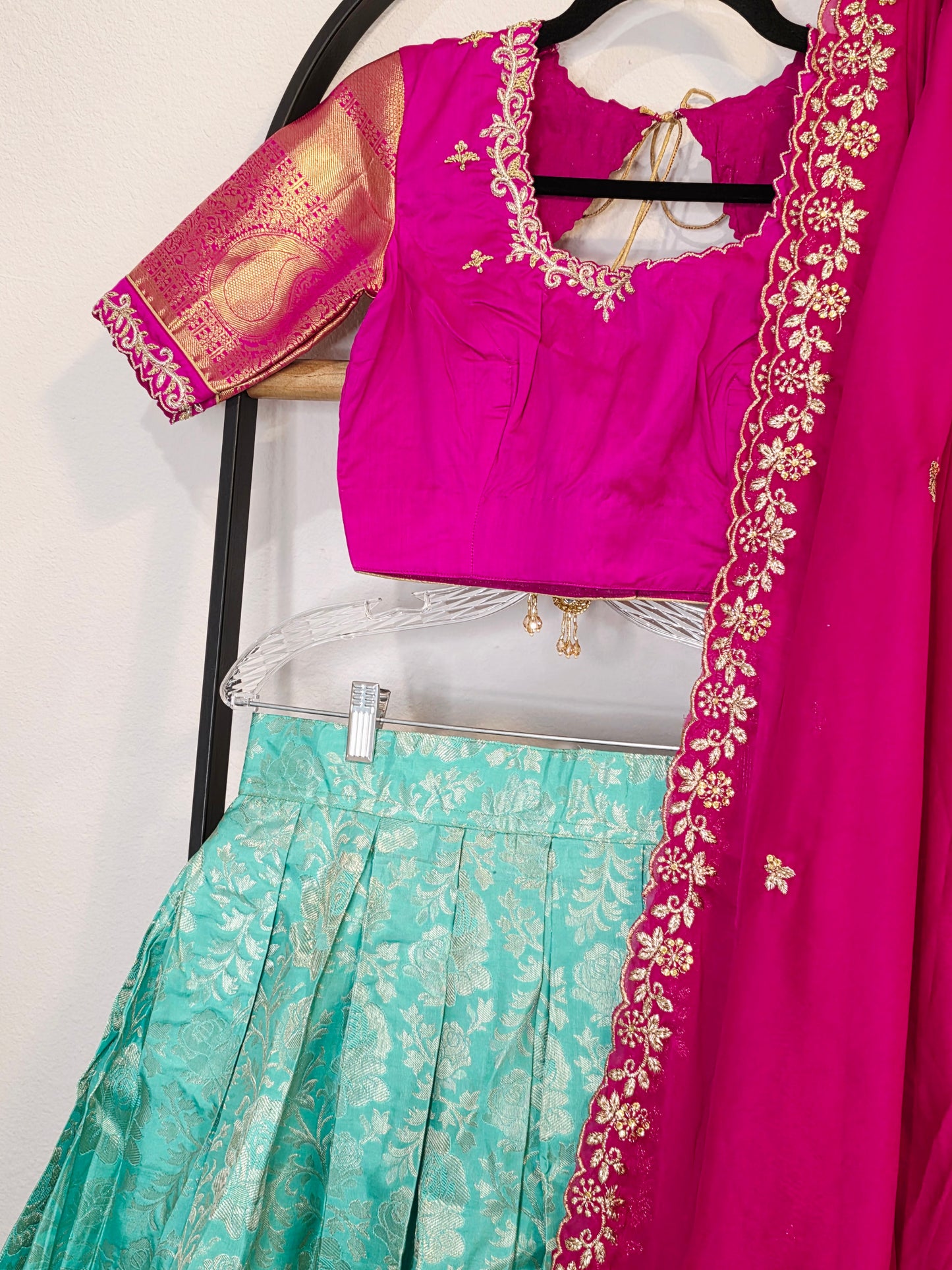 Rani Pink & Aqua Mint Pure Kanchi Silk Lehenga Set with Zari Border & Cutwork Dupatta