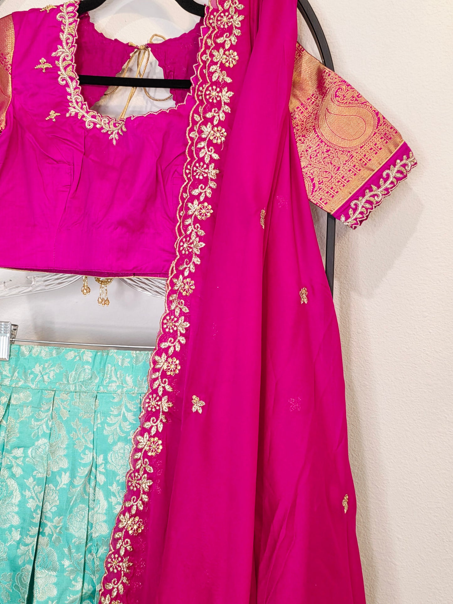 Rani Pink & Aqua Mint Pure Kanchi Silk Lehenga Set with Zari Border & Cutwork Dupatta