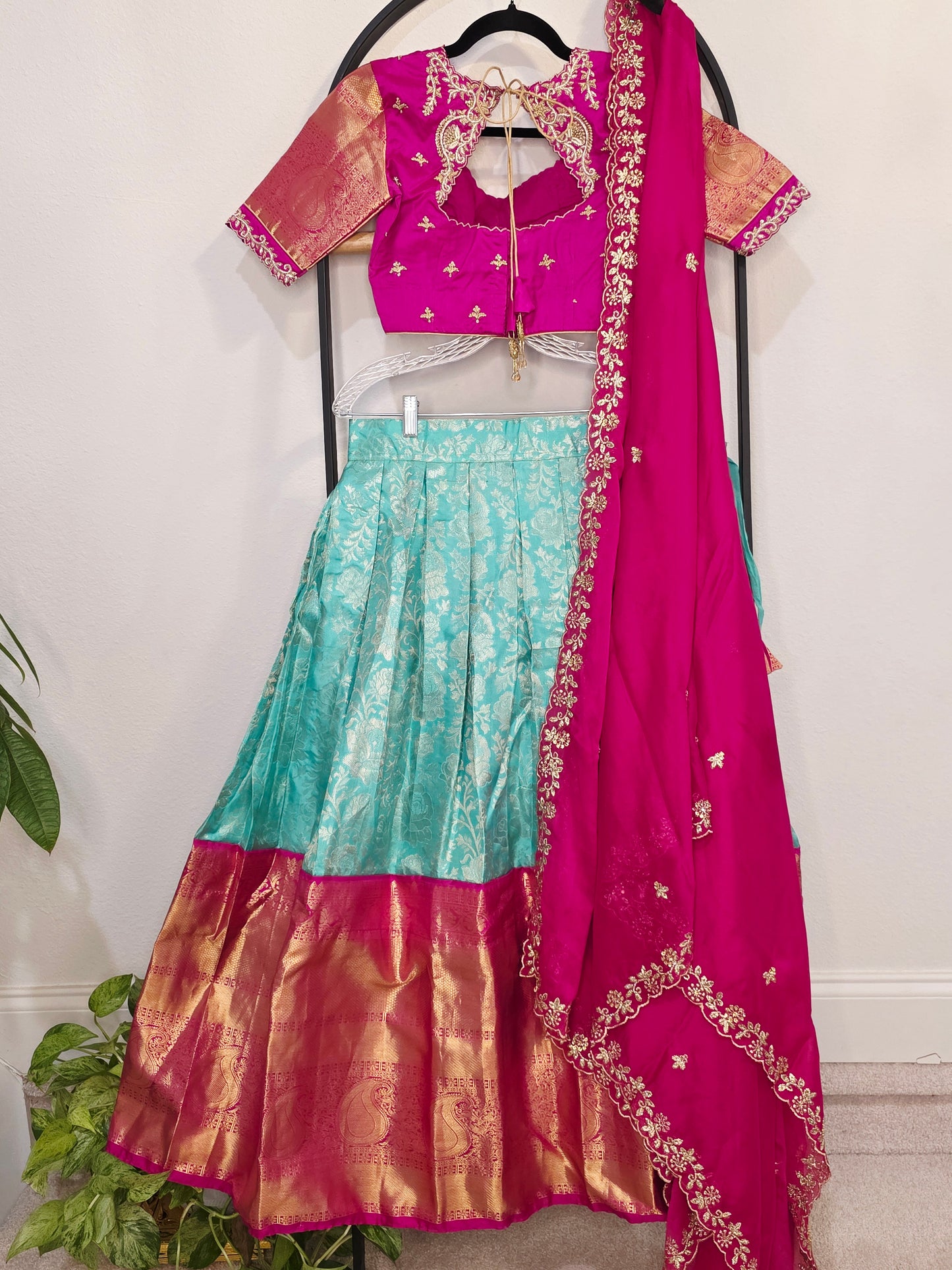 Rani Pink & Aqua Mint Pure Kanchi Silk Lehenga Set with Zari Border & Cutwork Dupatta