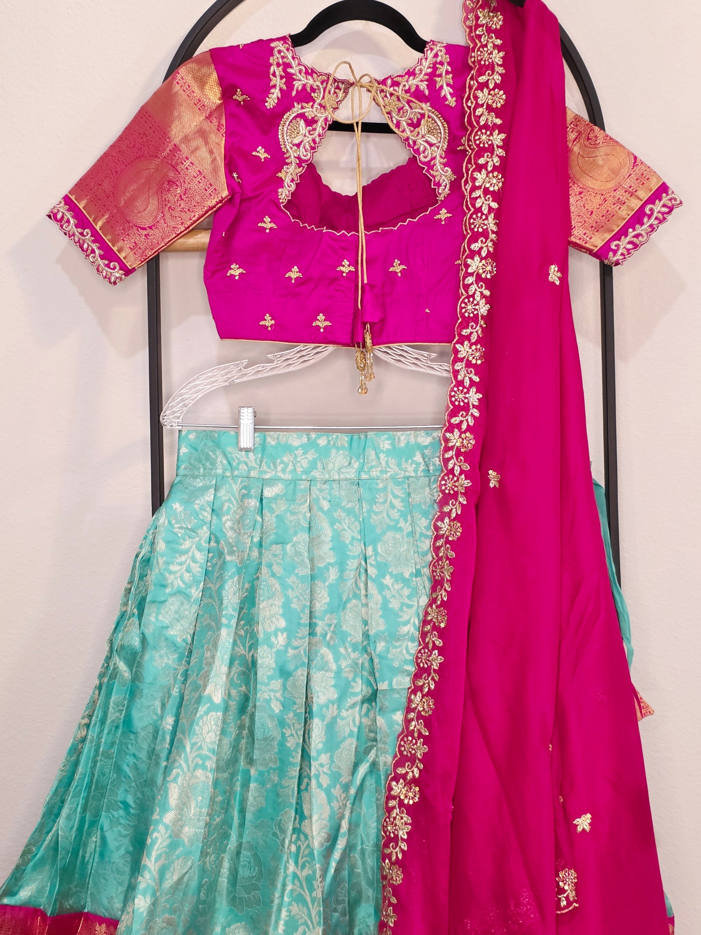 Rani Pink & Aqua Mint Pure Kanchi Silk Lehenga Set with Zari Border & Cutwork Dupatta