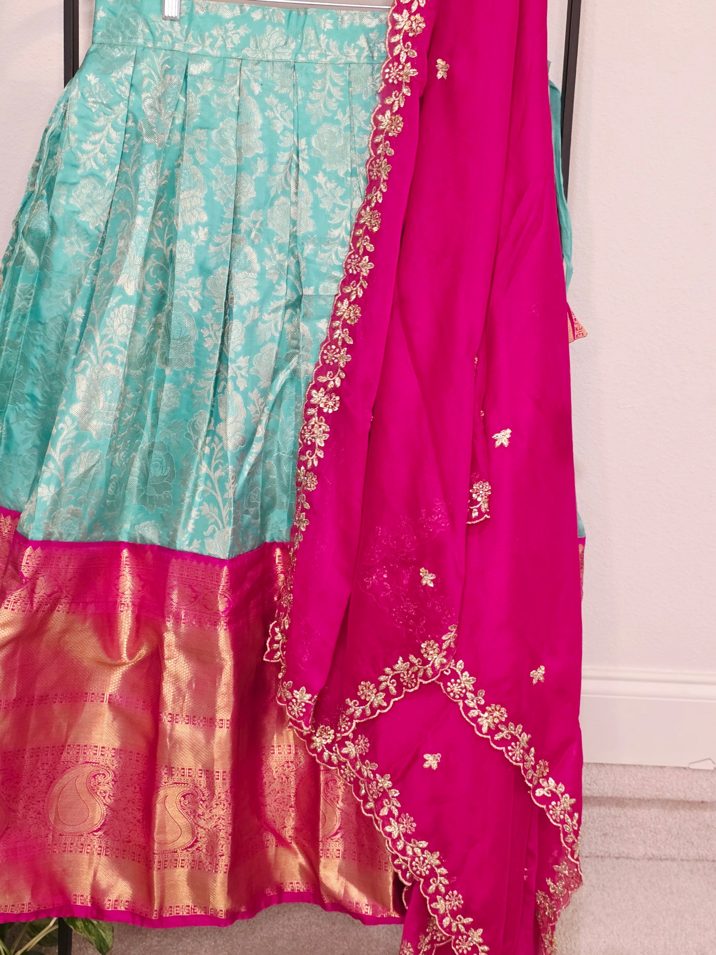 Rani Pink & Aqua Mint Pure Kanchi Silk Lehenga Set with Zari Border & Cutwork Dupatta