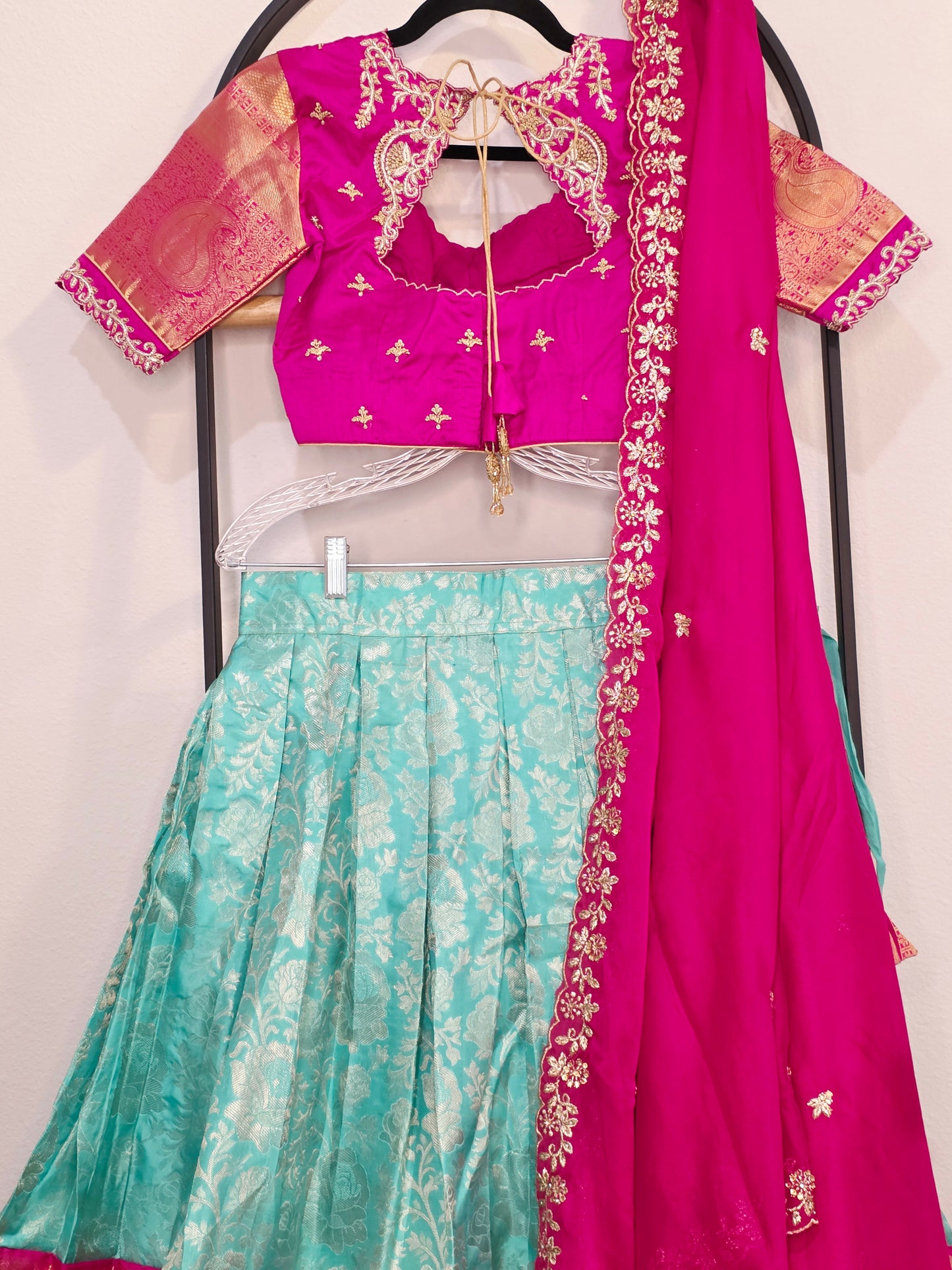Rani Pink & Aqua Mint Pure Kanchi Silk Lehenga Set with Zari Border & Cutwork Dupatta