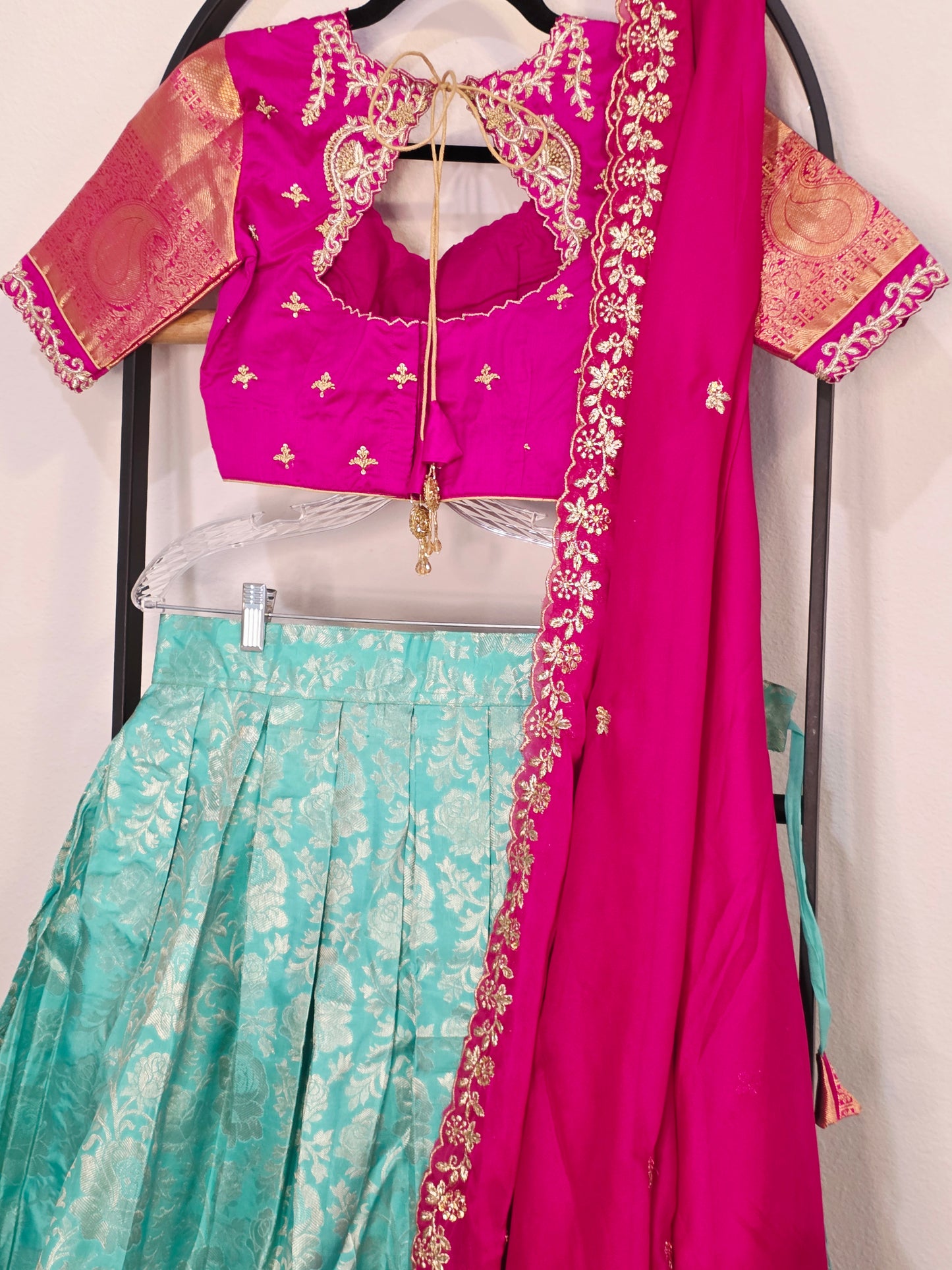 Rani Pink & Aqua Mint Pure Kanchi Silk Lehenga Set with Zari Border & Cutwork Dupatta