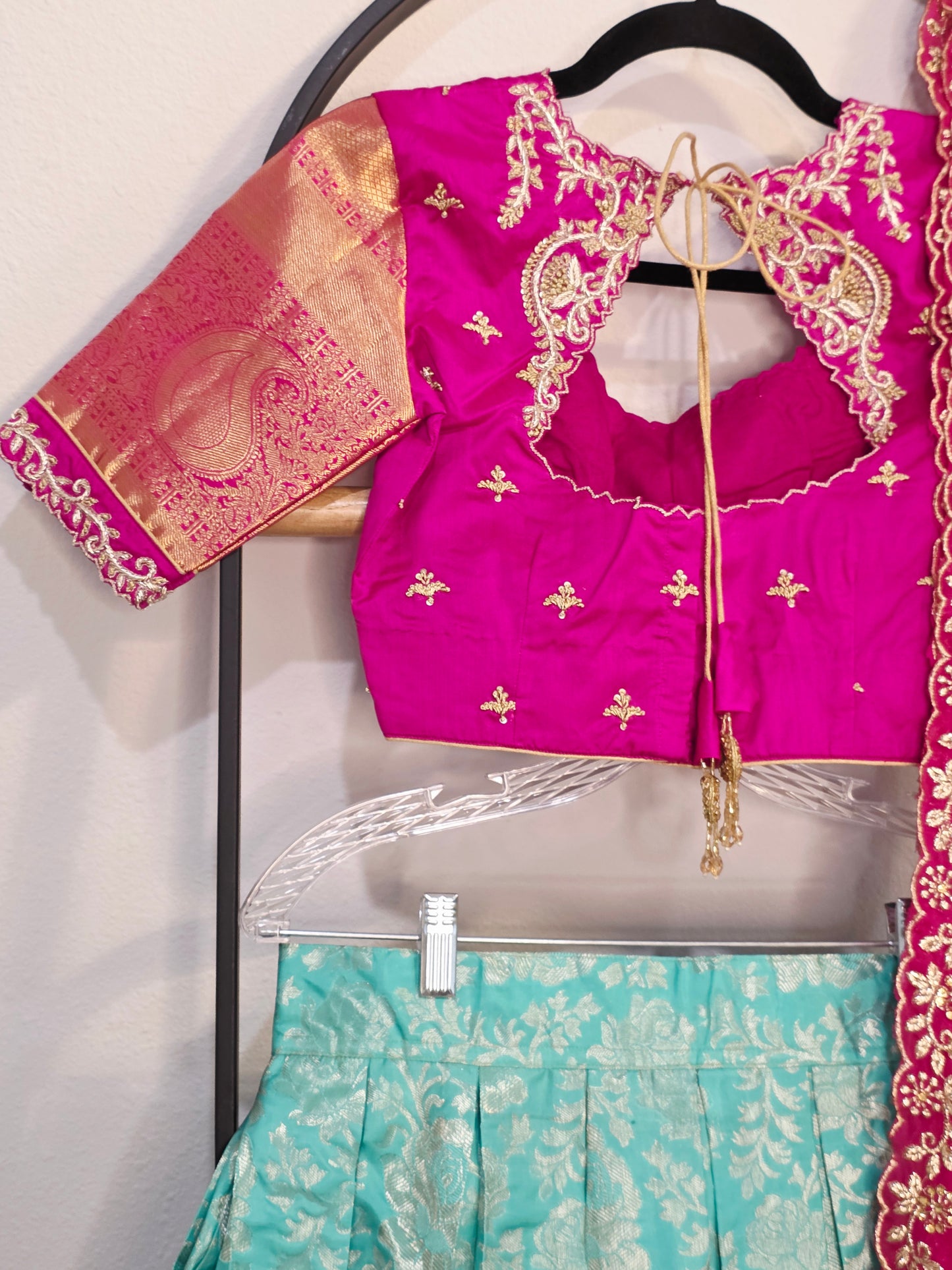 Rani Pink & Aqua Mint Pure Kanchi Silk Lehenga Set with Zari Border & Cutwork Dupatta