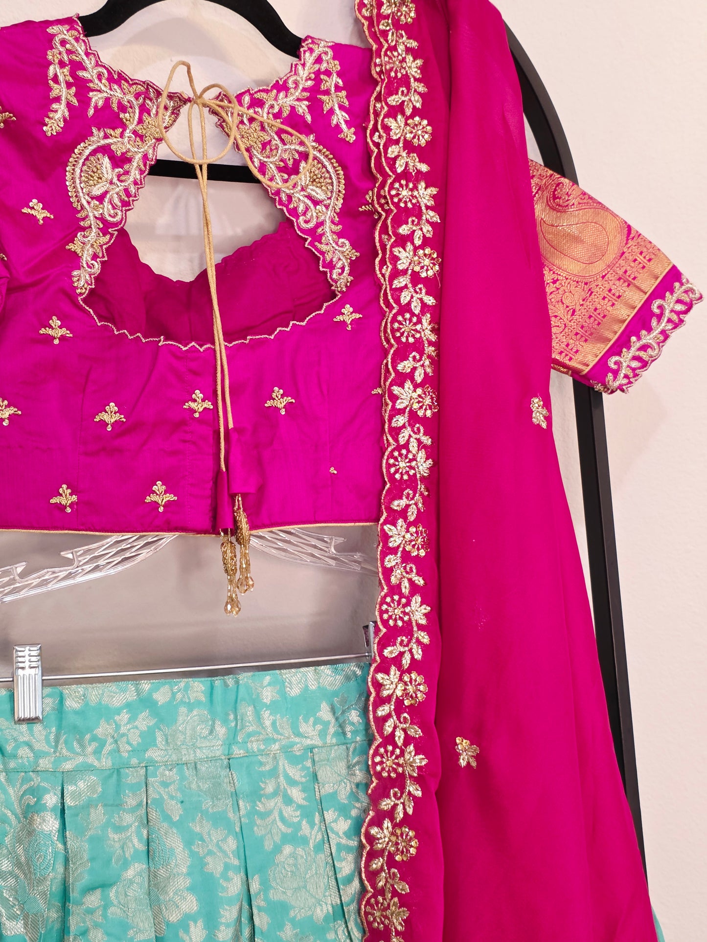 Rani Pink & Aqua Mint Pure Kanchi Silk Lehenga Set with Zari Border & Cutwork Dupatta