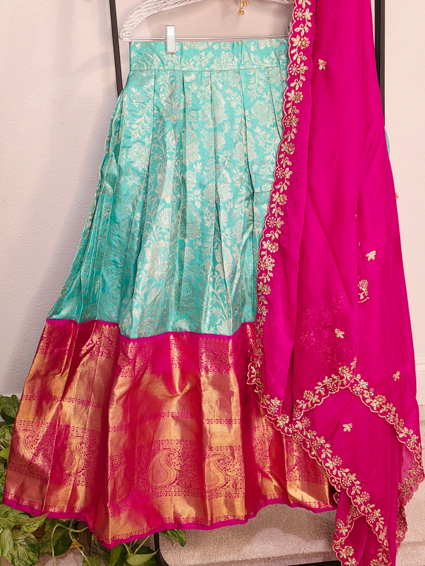 Rani Pink & Aqua Mint Pure Kanchi Silk Lehenga Set with Zari Border & Cutwork Dupatta