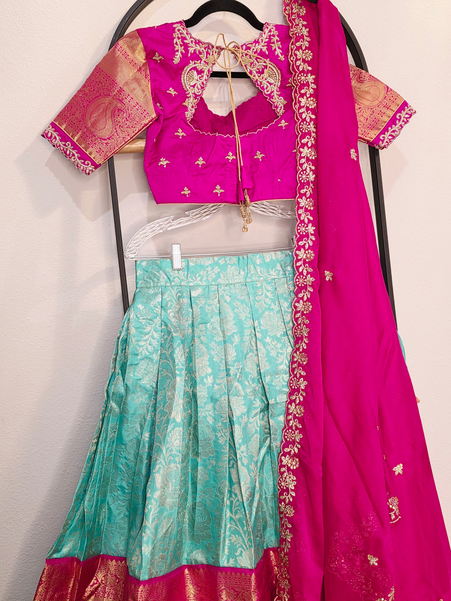 Rani Pink & Aqua Mint Pure Kanchi Silk Lehenga Set with Zari Border & Cutwork Dupatta