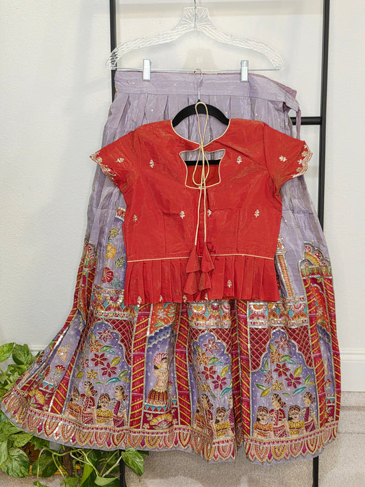 Coral Vermilion & Soft Lavender Heritage Print Munga Crepe Tissue Kids Lehenga Set with Designer Top