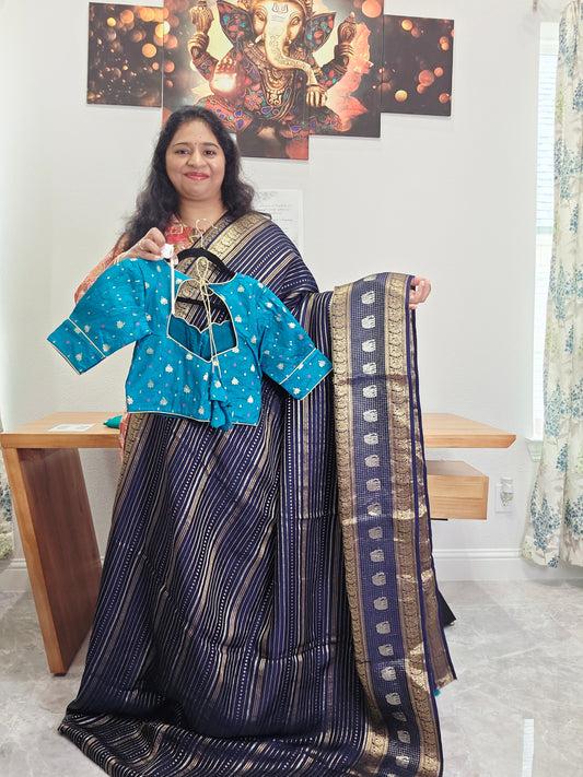 Trending Lines Designer Munga Georgette Saree - Benarasi Blouse
