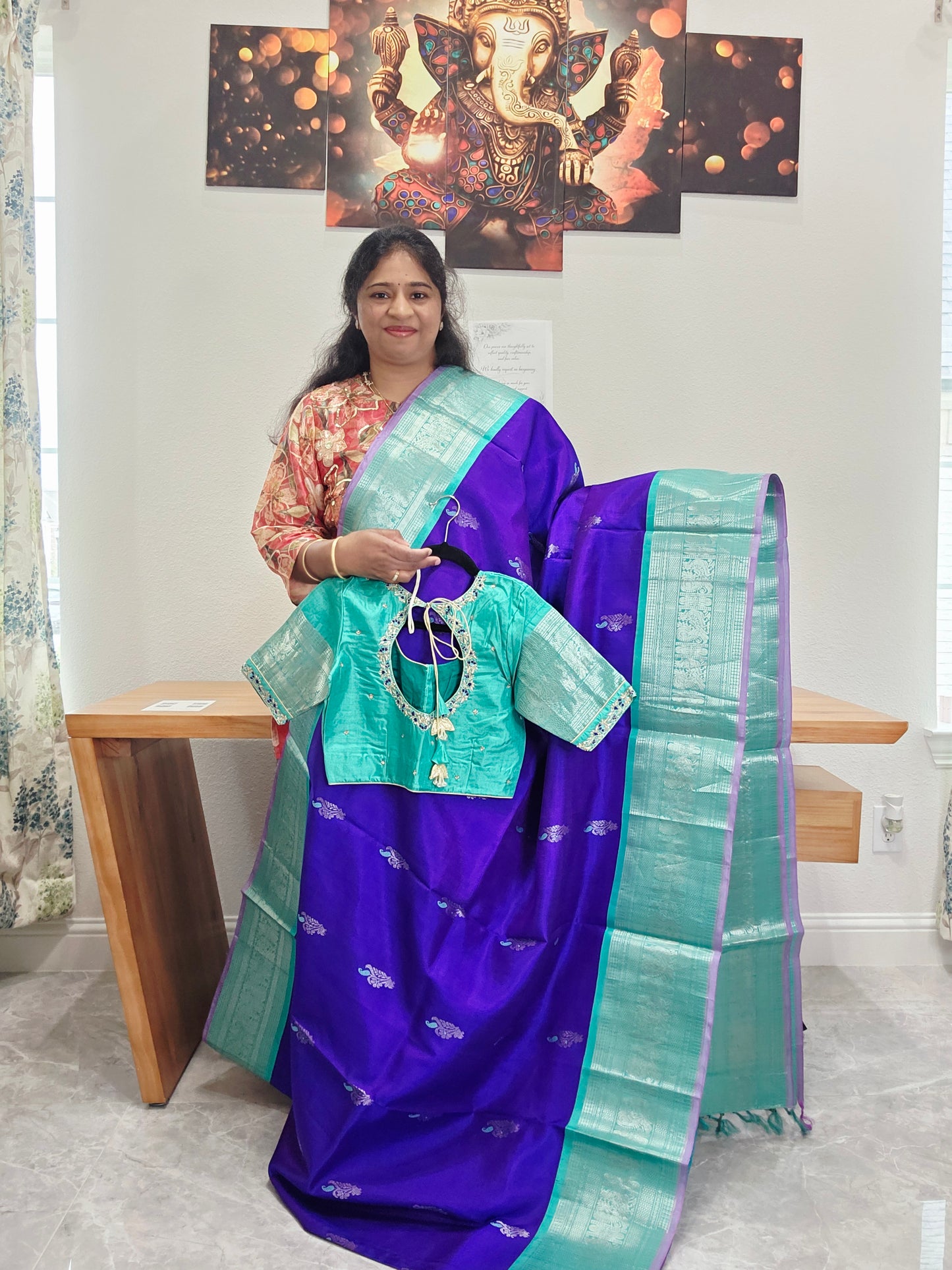 Pure Handloom Silk Saree in Royal Purple & Sea Green with Zari Butta & Maggam Blouse