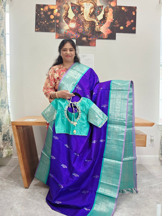 Pure Handloom Silk Saree in Royal Purple & Sea Green with Zari Butta & Maggam Blouse
