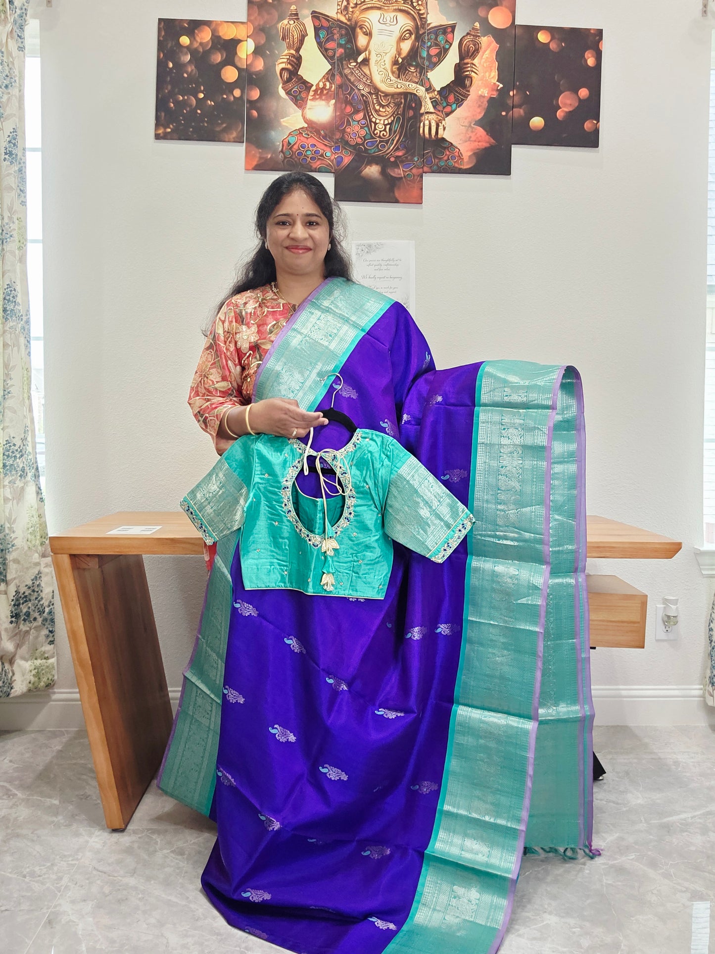 Pure Handloom Silk Saree in Royal Purple & Sea Green with Zari Butta & Maggam Blouse