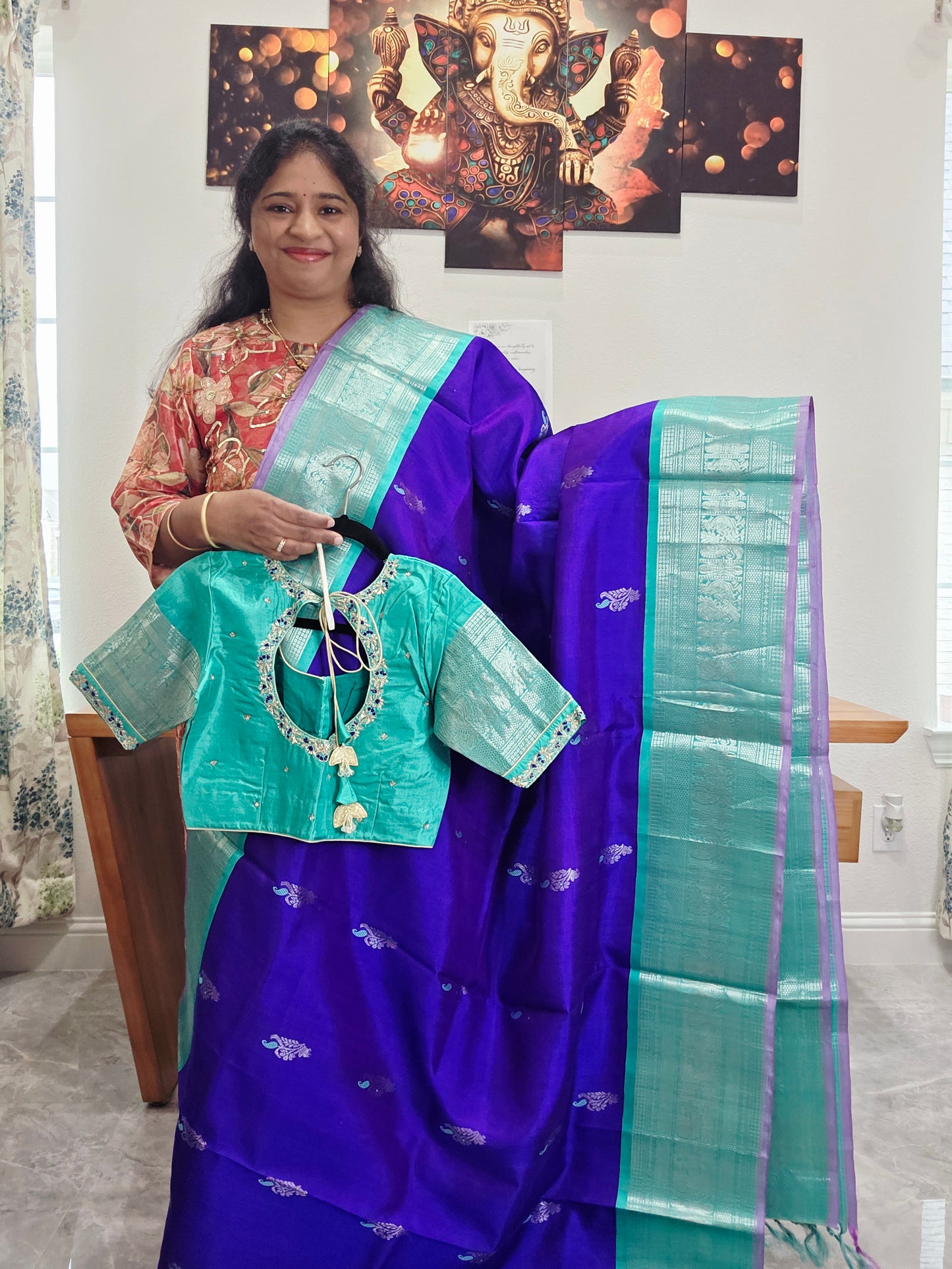 Pure Handloom Silk Saree in Royal Purple & Sea Green with Zari Butta & Maggam Blouse