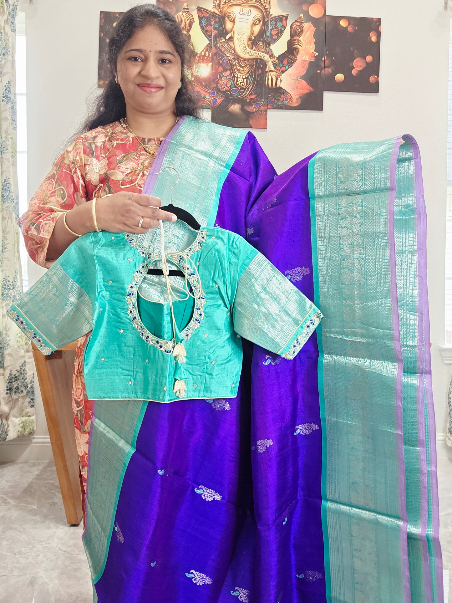 Pure Handloom Silk Saree in Royal Purple & Sea Green with Zari Butta & Maggam Blouse