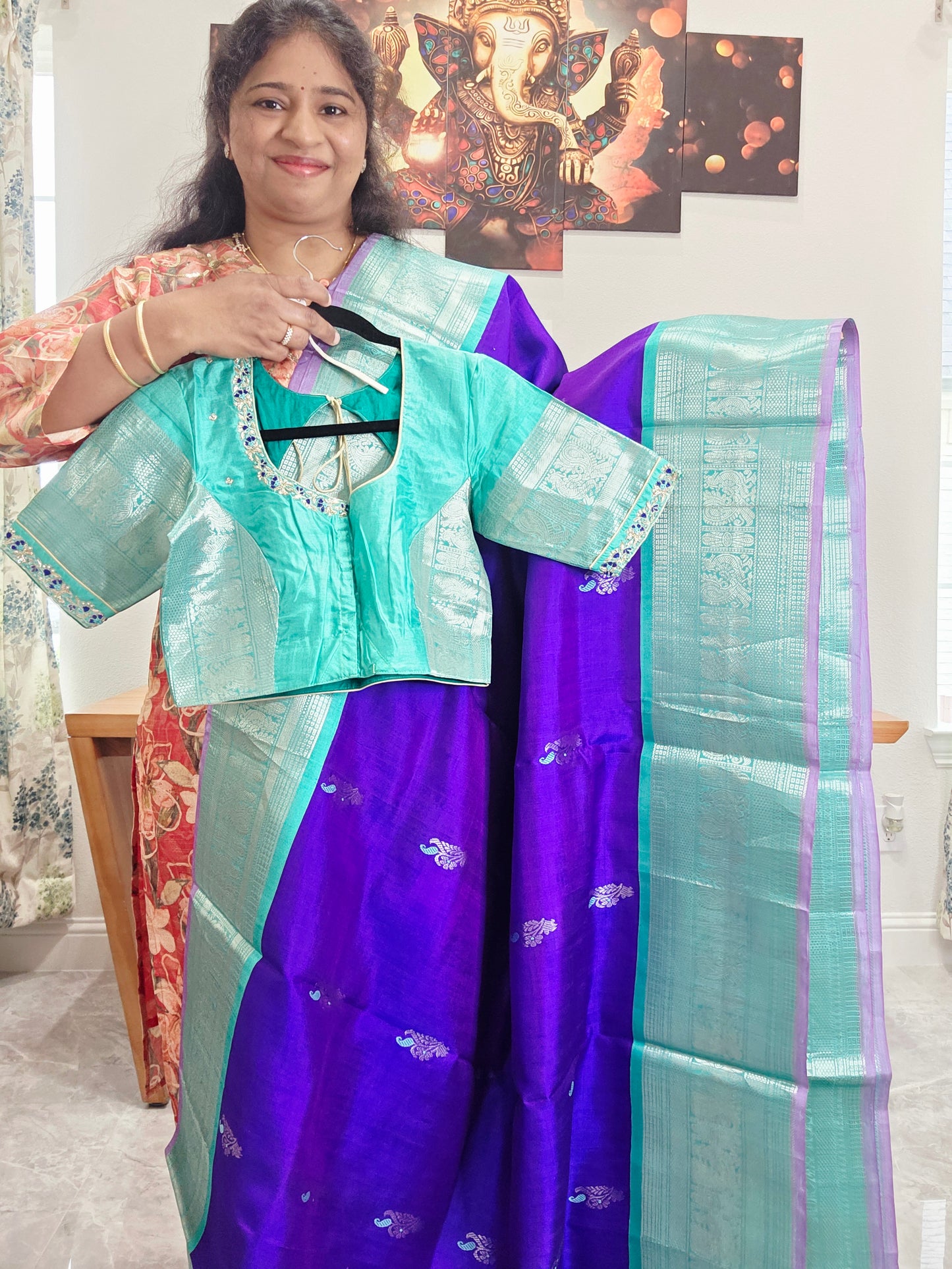 Pure Handloom Silk Saree in Royal Purple & Sea Green with Zari Butta & Maggam Blouse