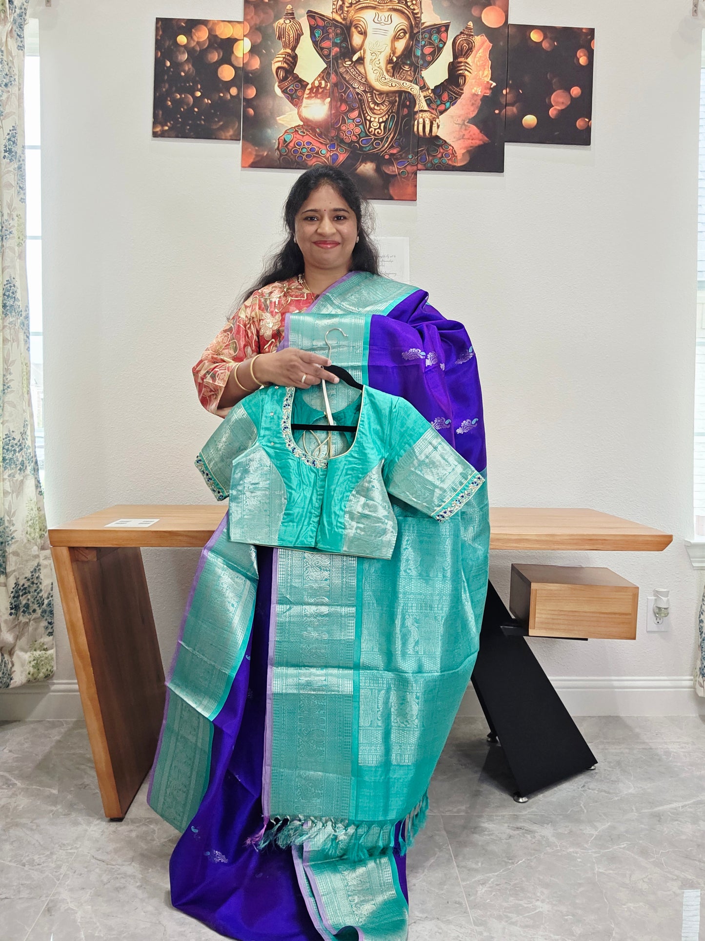 Pure Handloom Silk Saree in Royal Purple & Sea Green with Zari Butta & Maggam Blouse