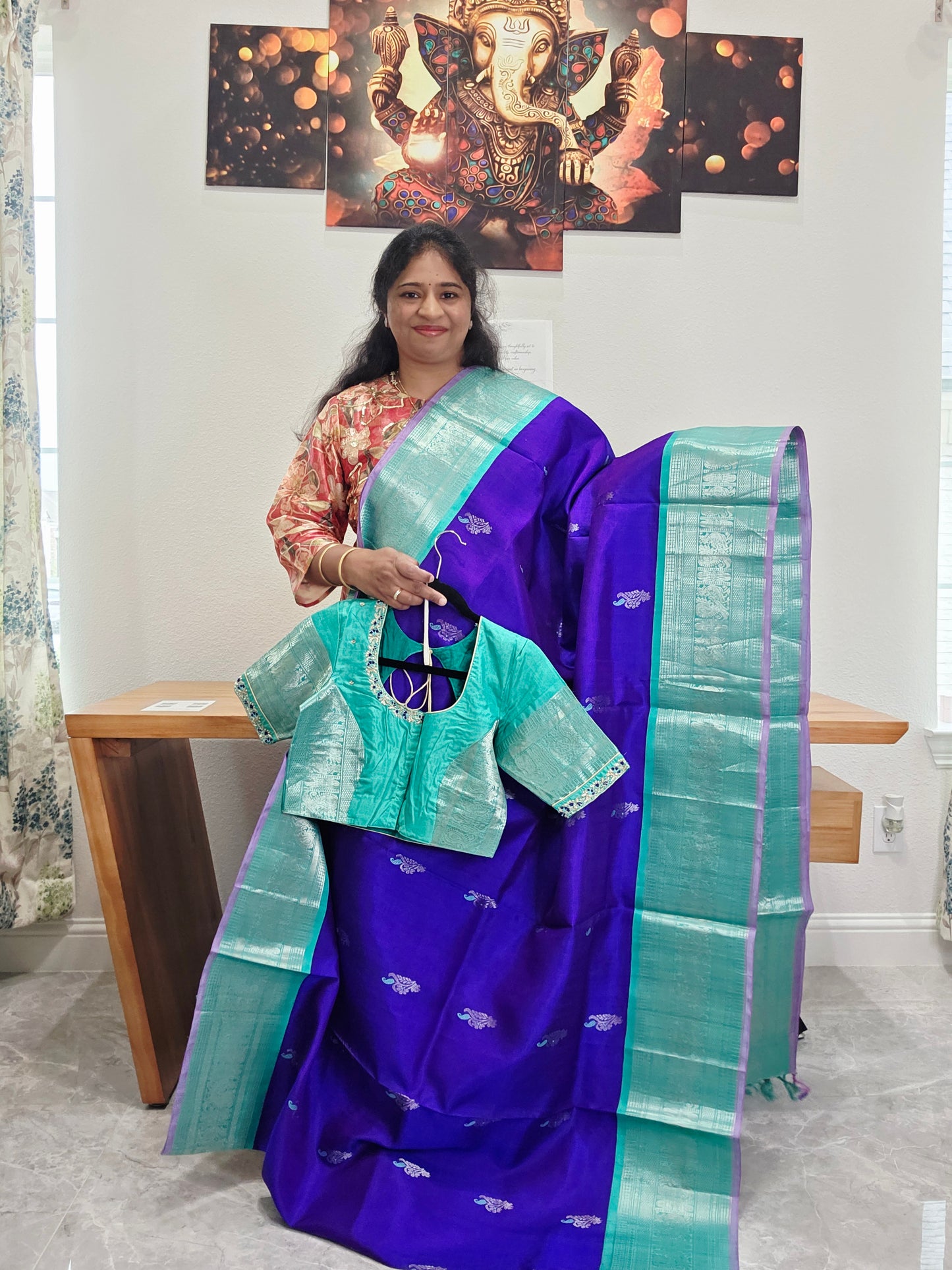 Pure Handloom Silk Saree in Royal Purple & Sea Green with Zari Butta & Maggam Blouse