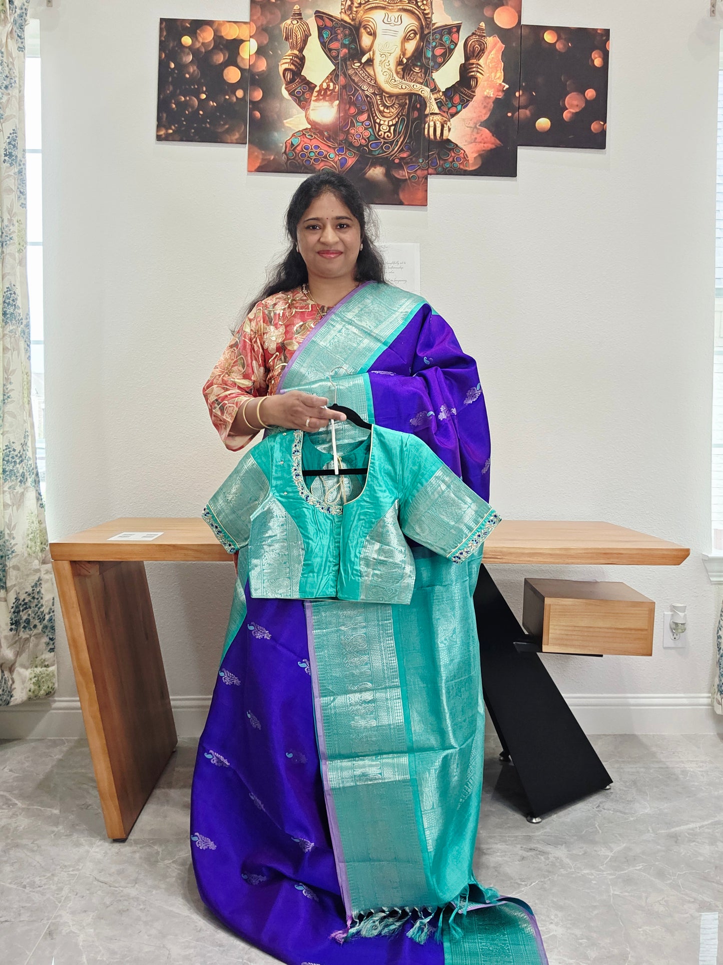 Pure Handloom Silk Saree in Royal Purple & Sea Green with Zari Butta & Maggam Blouse